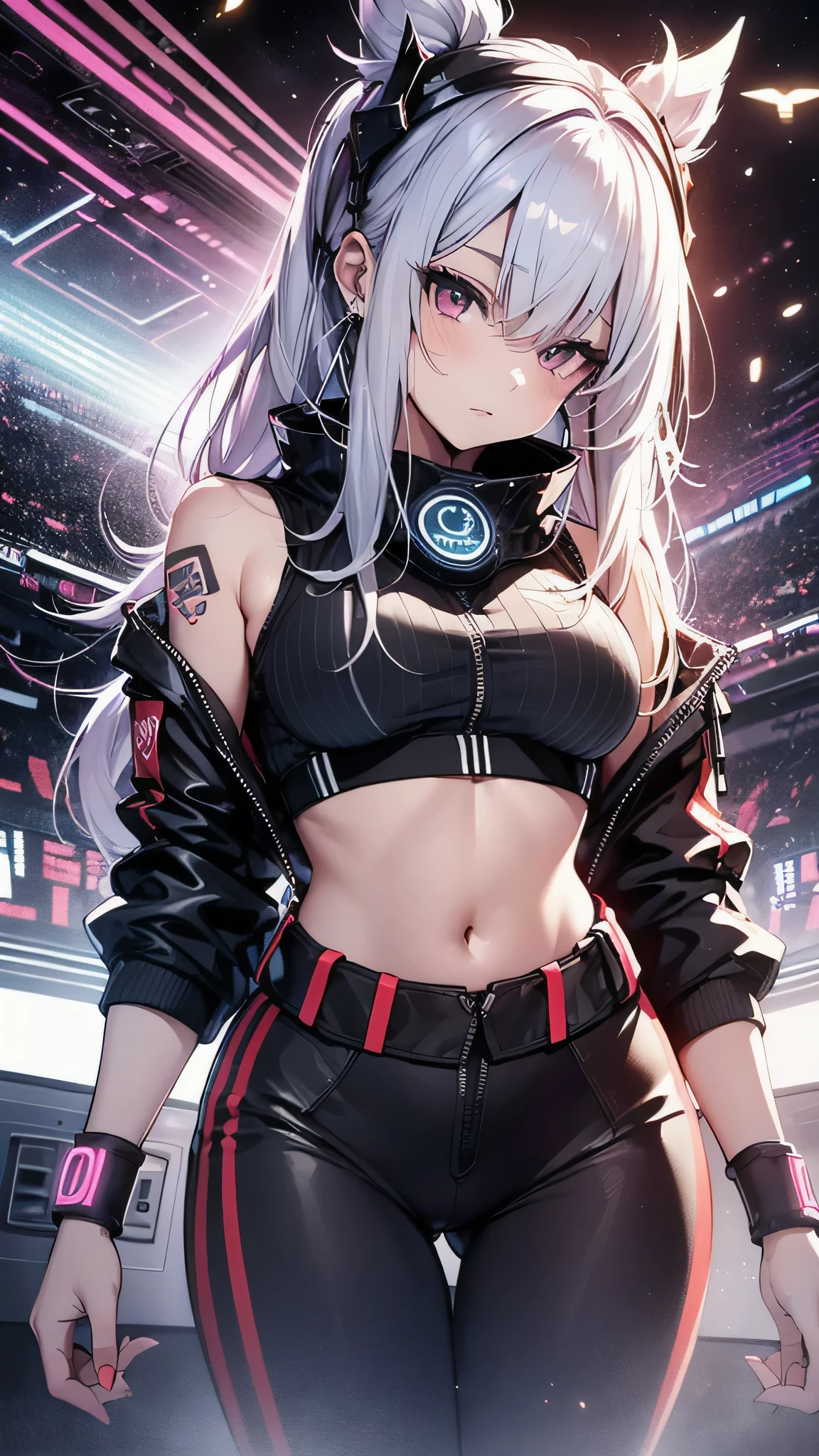 1girl, long hair, streaked hair, multicolored hair, white hair, yellow eye, standing, headphones, medium breasts, cleavage, fingerless gloves, hoodie, mini skirt, seamed legwear, ((cyberpunk))
