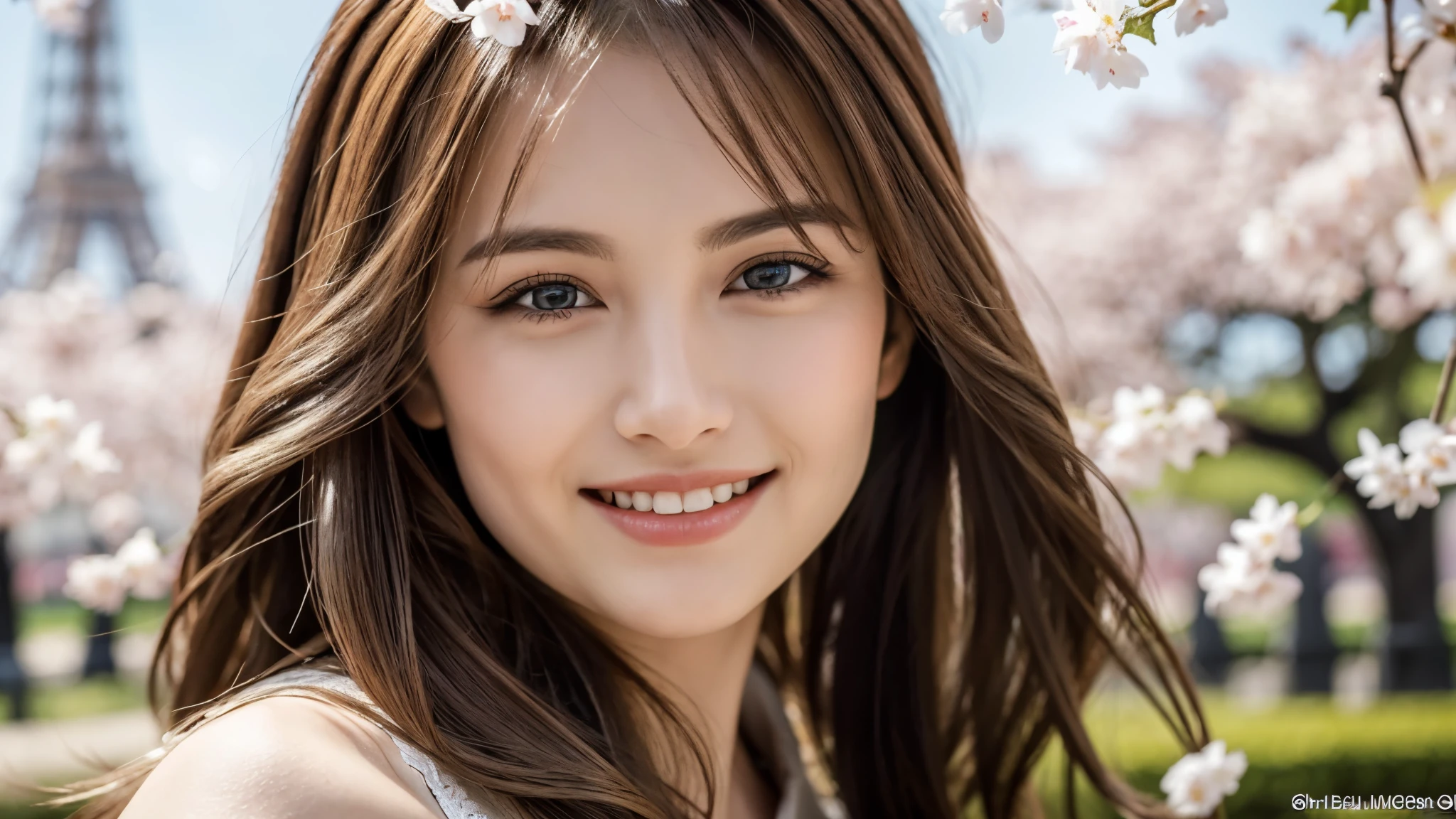 masterpiece, Best Quality, Photorealistic, Ultra-detailed, finely detailed, High resolution, 8K Wallpaper, 1 beautiful woman, light brown hair, sharp focus, Perfect dynamic composition, Beautiful detailed eyes, detailed hairs, Detailed realistic skin texture, Smiling, portrait, Model body type, Take a walk in the park with cherry blossoms and Eiffel Tower background,