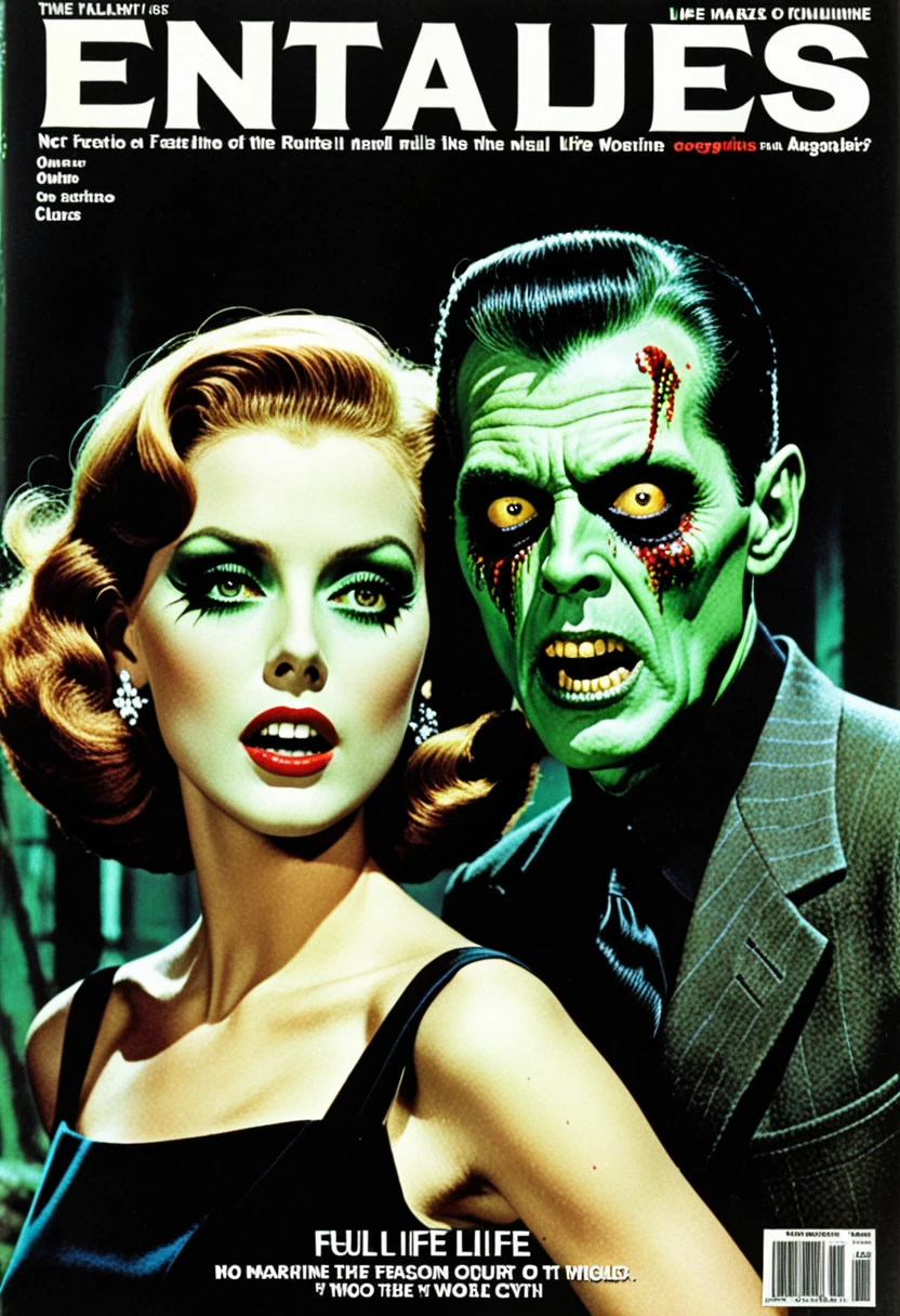 The design of the cover of the elite magazine, stylization as the magazine "Life" cinematic frame, the text of the title "Not Life," the text of the subtitle "our new world," Elliott Erwitt style digital art depicting the haunting cover of a magazine featuring two fashionable yet grotesque zombies, heavily made up with terrifyingly decayed faces intriguing the onlooker, their nails transformed into green claws, a lone eye ominously fallen out of a face, framed within the ruins of a post-apocalyptic city, headlines and subtitles of the magazine, the text of the article "really TV zombie?! , "the Text of the article" our flora on our head, "the Text" no. 5, "Text" 03/19/2024, "full imitation of" Life "magazine cover, magazine issue, date magazine issue, Circulation, clear Text, focus on headlines, focus on the center of the picture, a very detailed, high-budget Hollywood movie, gorgeous, graininess. Glossy magazine