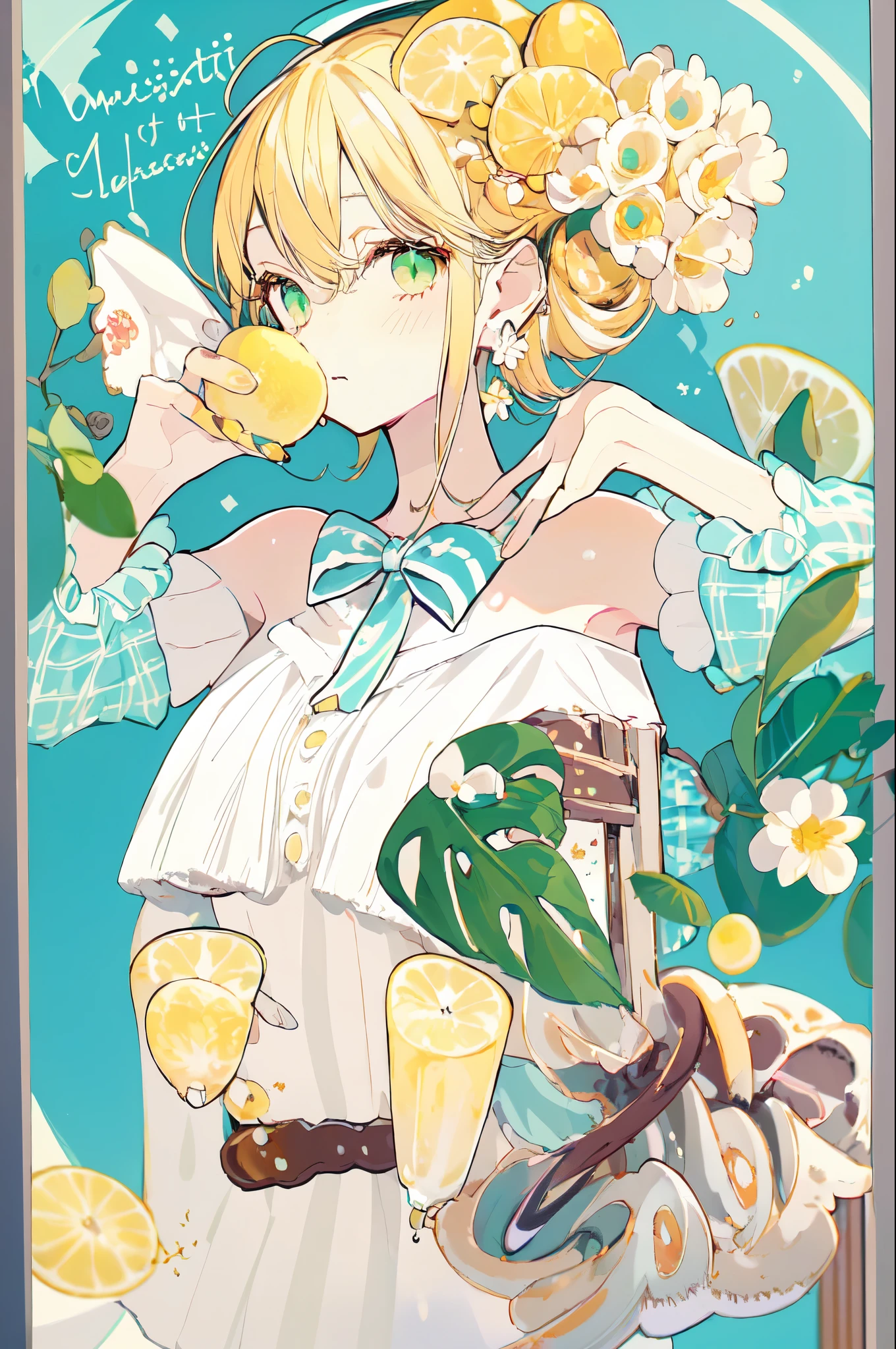 (masterpiece:1.2), highest quality,pixiv, Sweet girl portrait, 
1 girl, lemon, alone, lemon slice, have, jewelry, blonde hair, earrings, cup, looking at the viewer, flower, fruits, holding, bow, food, green eyes, bangs, bare shoulders, food-themed earrings, holding cup, Cup, white hat, nail polish, polka dots, have bow, off shoulder, short hair, white flower, blush, striped bow, portrait, english text, bubble, flower earrings, plaid, Upper body, From the side 