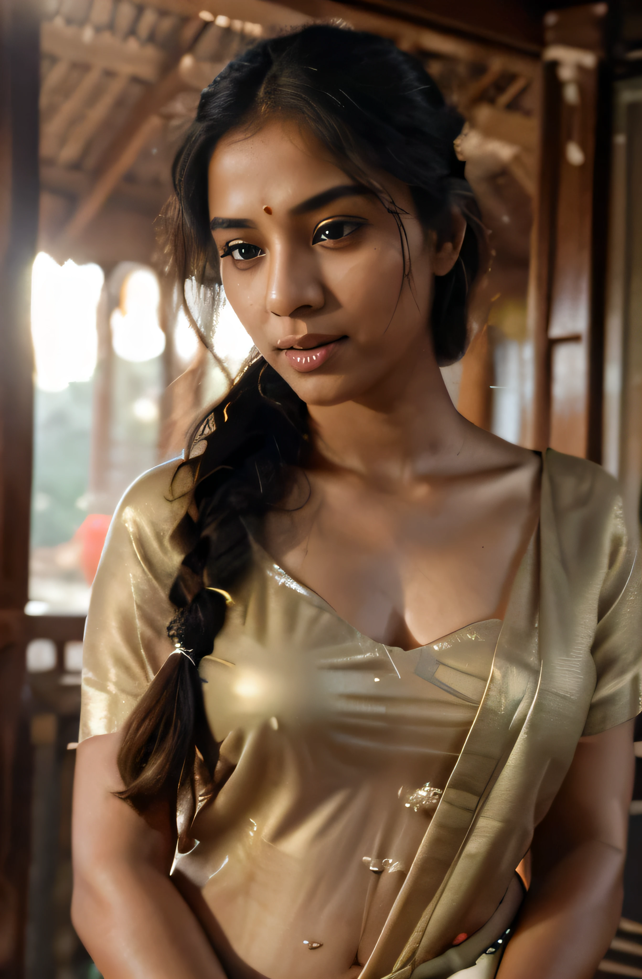 Enjoy vaginal sex:1.2, Indian woman, 20 yo student, sexy silk saree blouse transparent, during daytime, yamamura, calm and cool, Detailed body, Detailed face, Oily body, Gorgeous, A hyper-realistic, Charming, Cute, Long braided hair, Ambient lighting, Foggy, Winters, Detailed background, Volumetric lighting, Shadow, 8K