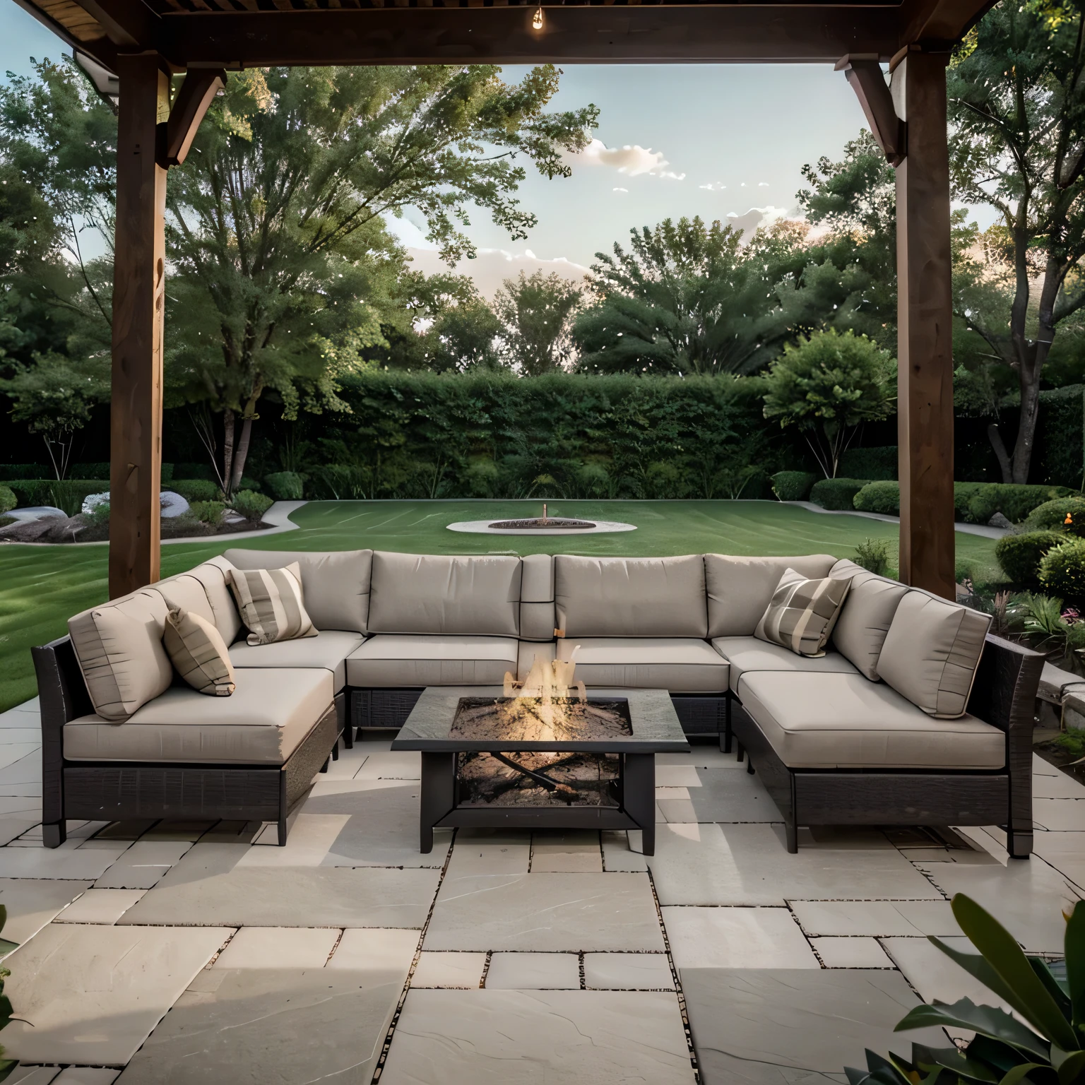 a beautifully landscaped outdoor space with various seating areas, plants, and decor a sectional seating set around a fire pit