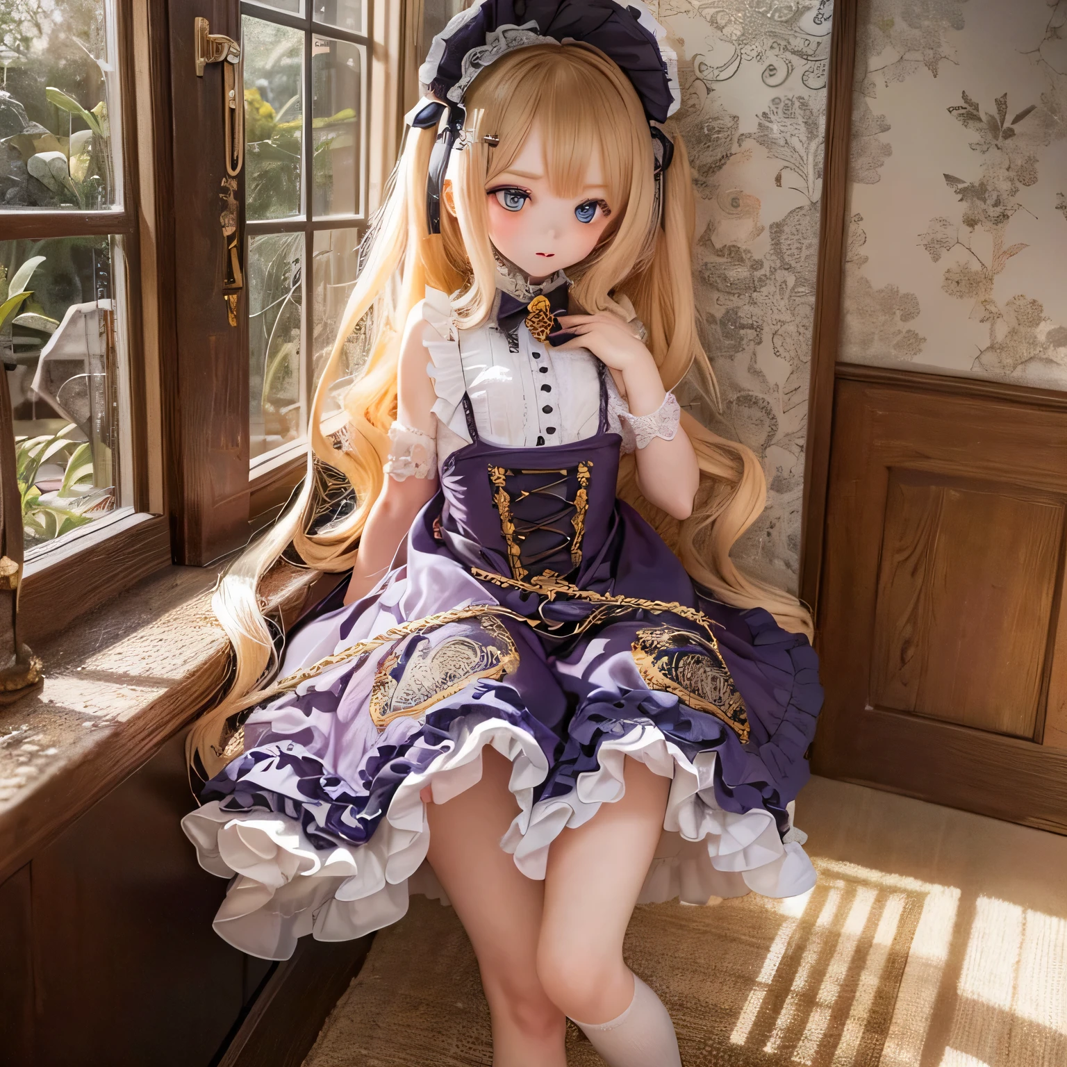 (highest quality, High resolution, 4k, Super detailed, masterpiece:1.2), realistic, HDR, Bright colors, sharp focus, studio lighting, extreme details, Professional, Portrait, anime, blue tone, Natural light, 10 year old girl, blonde curly hair, flat chest, gothic ta clothing, innocent look, delicate features, long eyelashes, expressive eyes, rosy cheeks, soft lighting, dreamy atmosphere, quirky background(((((((bow)))))))full body