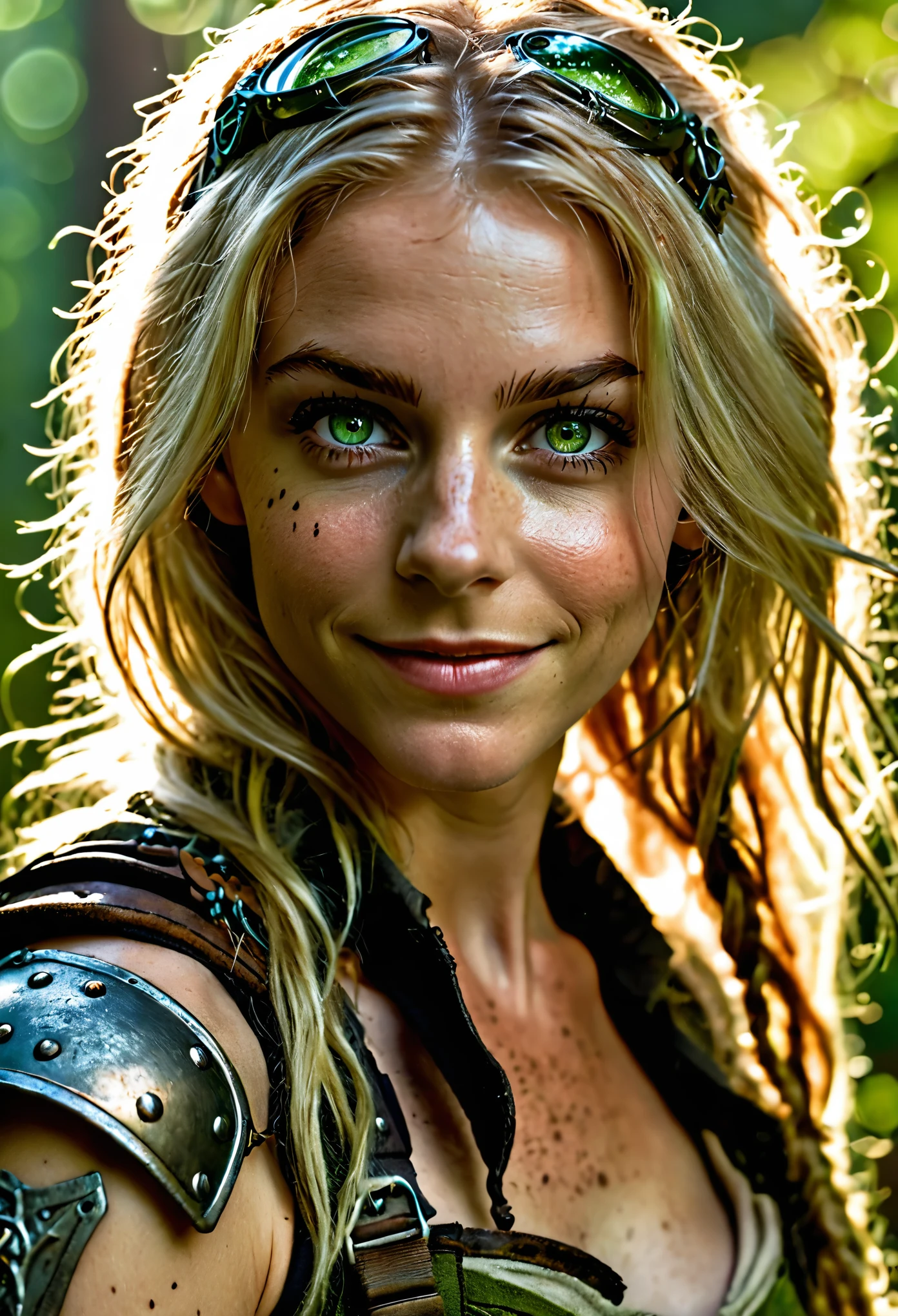 photo shot on Nikon D850, 16k, masterpiece, Hyper Detailed, breathtaking, atmospheric perspective, diffusion, natural skin texture, skin imperfections, DSLR, 80mm Sigma f2, depth of field, film grain, intricate natural lighting, gorgeous sexy woman, adult (elven:0.7), (freckles:0.7), green eyes, light blonde layered hair, full length photo, solo, perfect body, detailed background, detailed face, (post-apocalyptic dark dystopian theme:1.1), smile, backlighting, magical atmosphere