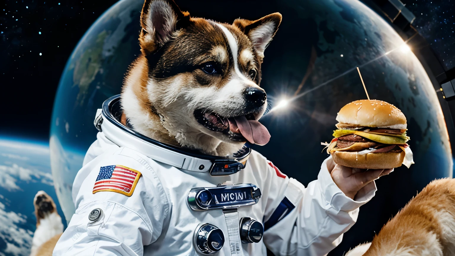 Akita inu dog in cosmos with space suit eating burger