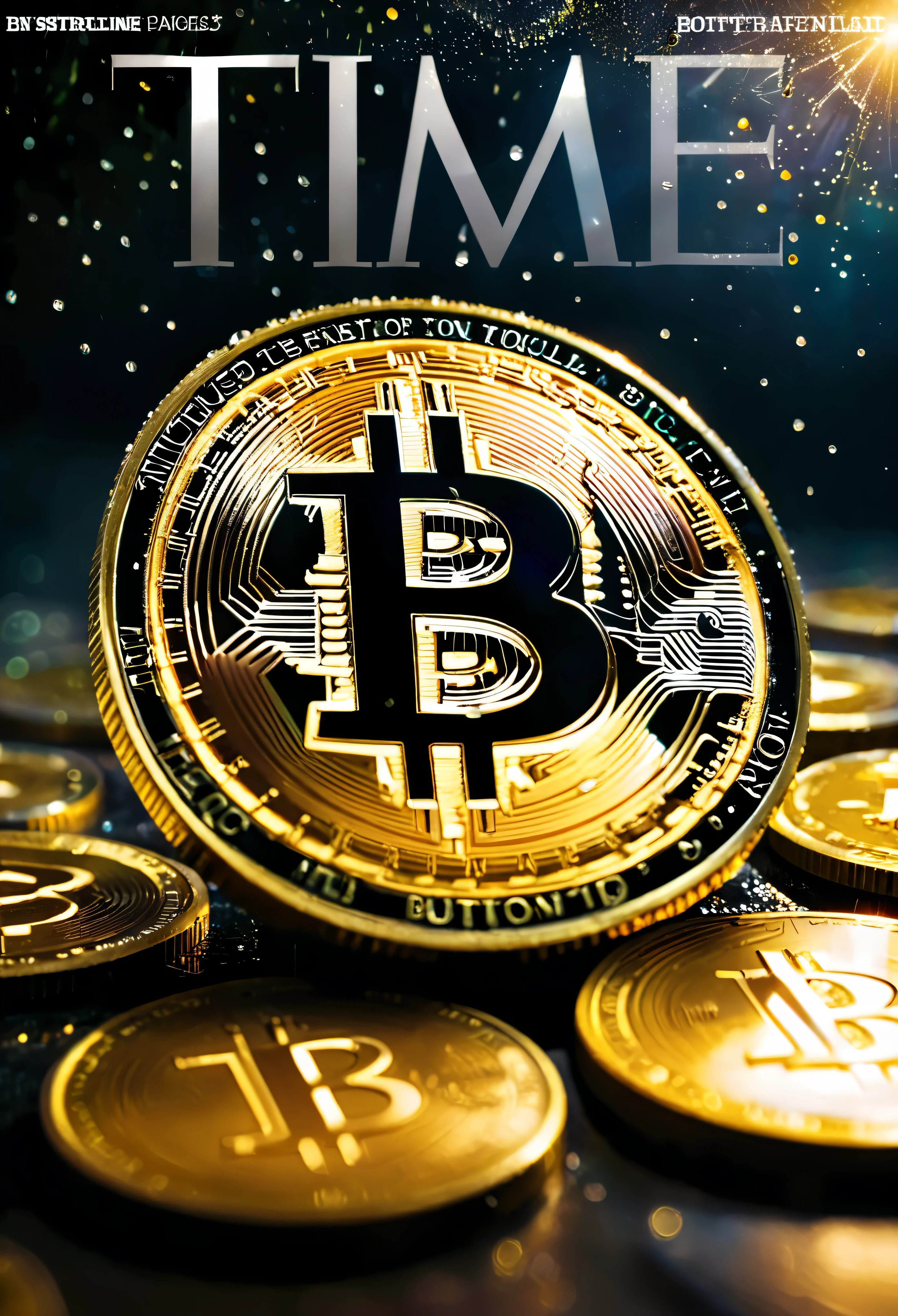 ((cover of Time magazine):1.5), Ensure the image exudes the essence of Time's iconic style, with vivid colors, striking composition, and a compelling subject that captivates viewers' attention.) | ((Masterpiece in maximum 16K resolution):1.6),((soft_color_photograpy:)1.5), ((Ultra-Detailed):1.4),((Movie-like still images and dynamic angles):1.3),| (Macro shot cinematic photo of a gold coin with Bitcoin symbol), (macro lens), (gold coins), (dewdrops), (shimmer), (visual experience) ,(Realism), (Realistic),award-winning graphics, dark shot, film grain, extremely detailed, Digital Art, rtx, Unreal Engine, scene concept anti glare effect, All captured with sharp focus.