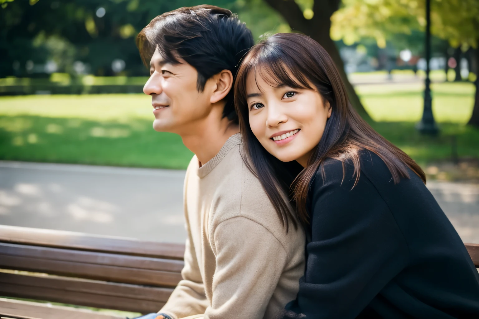 8K raw photo,High resolution,lovely asian middle aged couple, woman has nice dark brown hair,アジアのcouple, Husband of a 55-year-old Japanese man, Wife of a 50 year old Japanese woman, couple,sitting on a park bench,