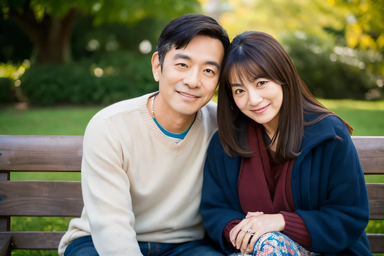 8K raw photo,High resolution,lovely asian middle aged couple, woman has nice dark brown hair,アジアのcouple, Husband of a 55-year-old Japanese man, Wife of a 50 year old Japanese woman, couple,sitting on a park bench,