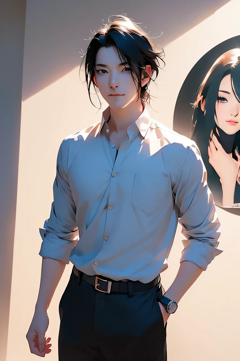 (homem de cabelos escuros:simples), (pose contemplativa), (olhos escuros intensos), (serious expression), (facing the camera), (illustration:1.2), (realista), (high resolution:1.2), (ultra-detalhado), (profissional), (cores vivas), (retrato), (soft lighting), (sombras sutis), (medium contrast), imagem de corpo todo, de roupa social, standing