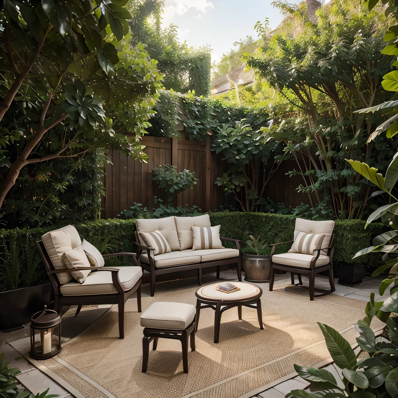 a beautifully landscaped outdoor space with various seating areas, plants, and decor outdoor rugs and garden stools