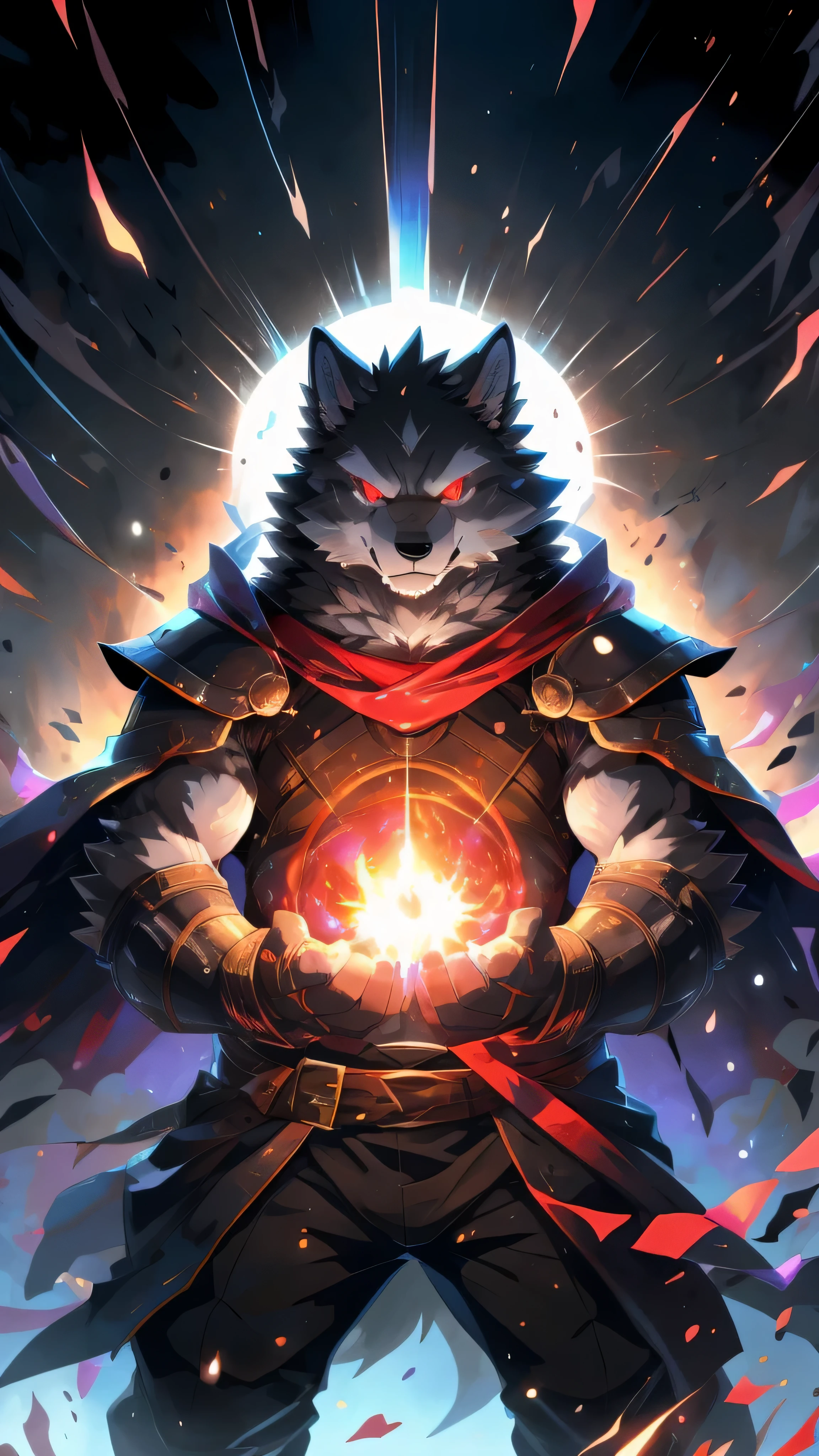 (dynamic poses:1.6), (ultra deTailed), sharp focus, Genji, Eye, (glowing red Eye:1.4), hairy, (Gray black fur:1.3), White beard, human nature (Wolf), male, middle aged, white belly, Tail, muscular, (knight clothing, red cherry long cloak), ultra deTailed face, high deTails, high quality, (best quality,4K,8K,High resolution,masterpiece:1.2),bright colors, (close up:1.5), author:Takemoto Arashi, by Camille, Provided by RUHU1145, by 69panda, Dark Souls boss style, The energy around the body cracks,(red halo:1.3),bloodstained,dynamic lighting,ominous atmosphere,Weird fog,threatening presence,Full of horror atmosphere,dark and tortured soul, (enchanted deTail of colors), 8k wallpaper, yang08k, 用凶狠的Eye看着观众
