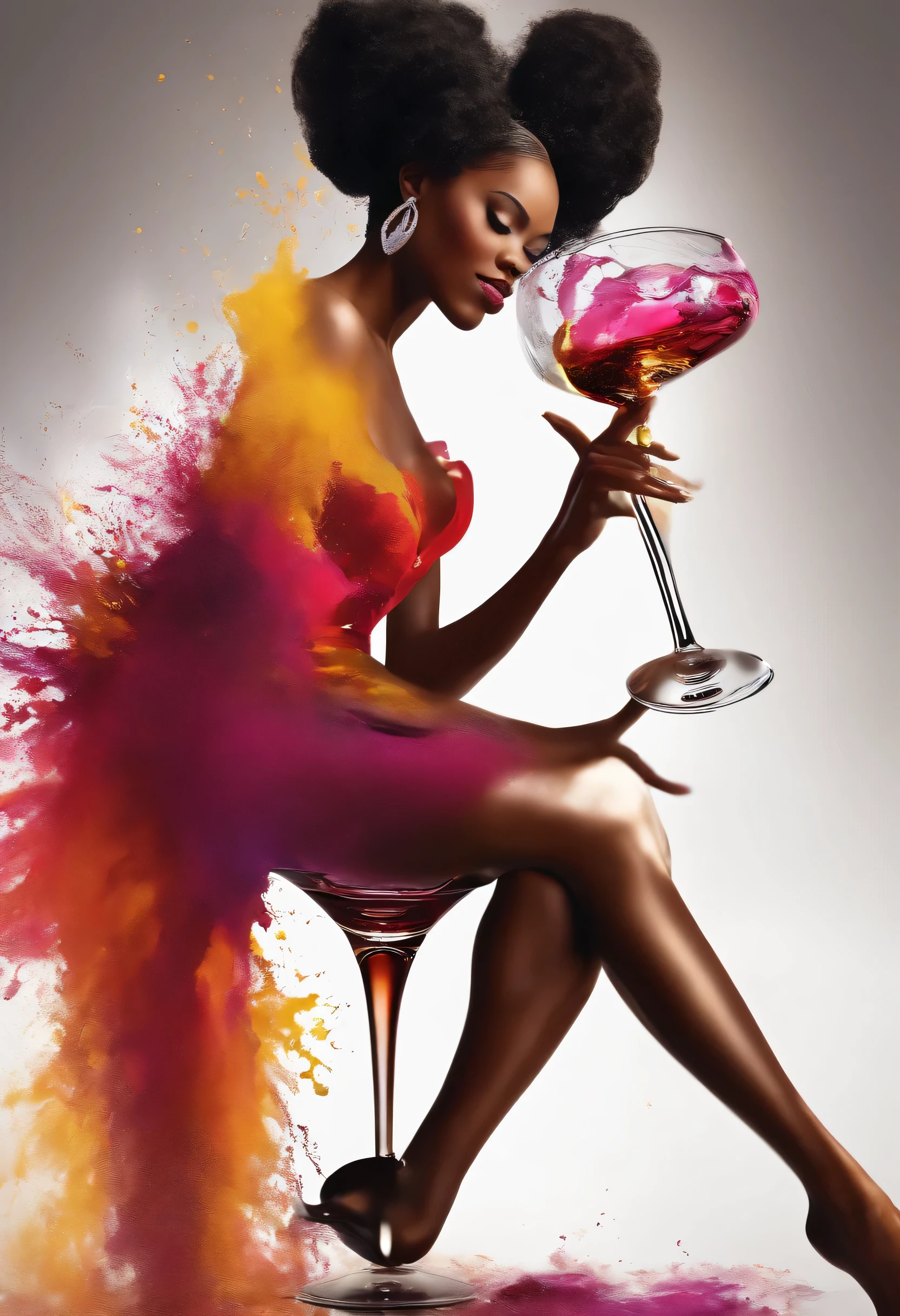 Create a stunning, realistic digital artwork of an elegant African American woman sitting gracefully in a tall wine glass, with vibrant and colorful splashes of wine cascading down on her from a tilted wine bottle. The scene should evoke a sense of beauty, celebration, and poise.