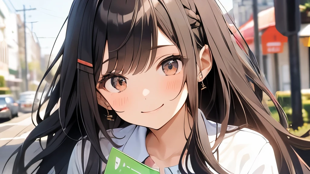22 year old woman、long hair、fluffy feeling、hair is brown、eyes are big、very smiling、Uber Eats clerk