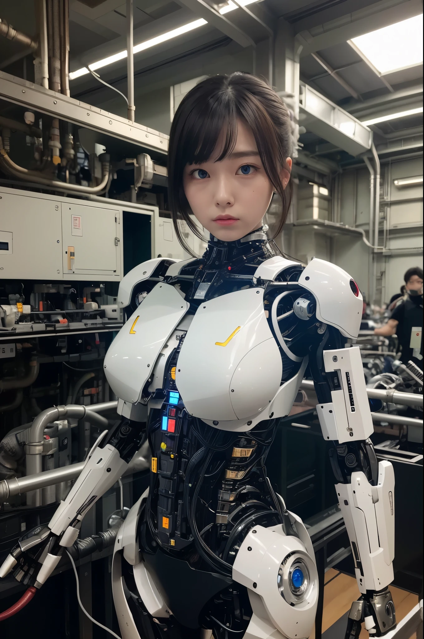 masterpiece, best quality, extremely detailed, 8k portrait,Japaese android girl,Plump ,control panels,android,Droid,Mechanical Hand, Robot arms and legs,Blunt bangs,perfect robot girl,long tube,thick cable connected her neck,android,robot,humanoid,cyborg,japanese cyborg girl ,robot-assembly plant,white robot body,She has assembled now,assembly scene,chest monitor,blue eyes, 