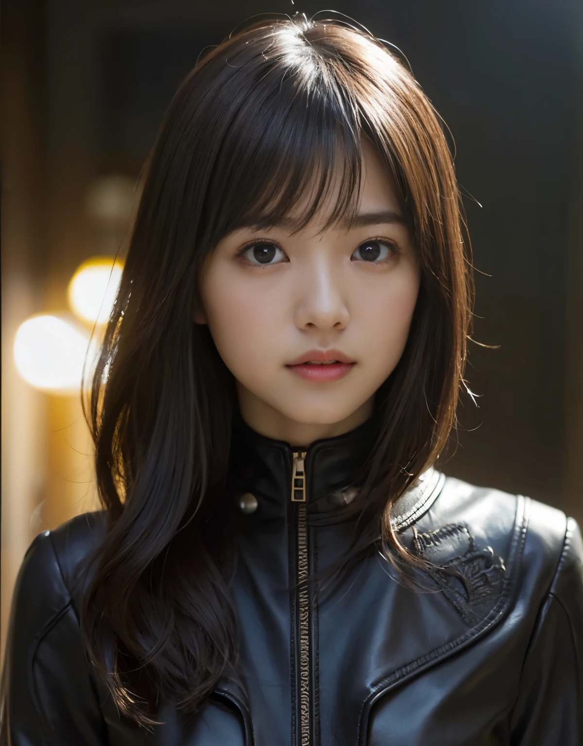 A close up of a woman in a black jacket and a black jacket - SeaArt AI