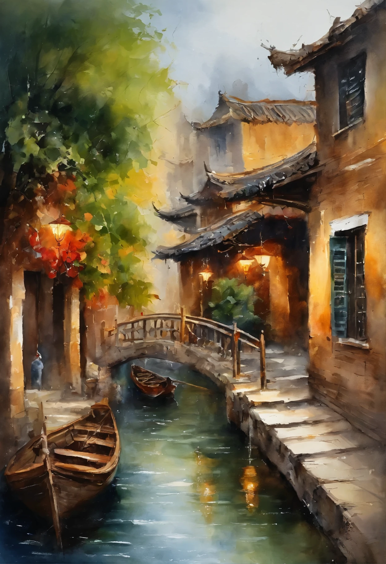 Chinese Jiangnan water town oil painting, featuring beautiful neoclassical and traditional Chinese water town architecture, rain, and reflection of people and faces on the sidewalk, elegant and atmospheric, with many details, rendering Lumion 8k, rendering Unreal Engine architecture, many details, warm toned movie yellow lighting, Impressionist oil painting style images, many, Mane C is zanne,