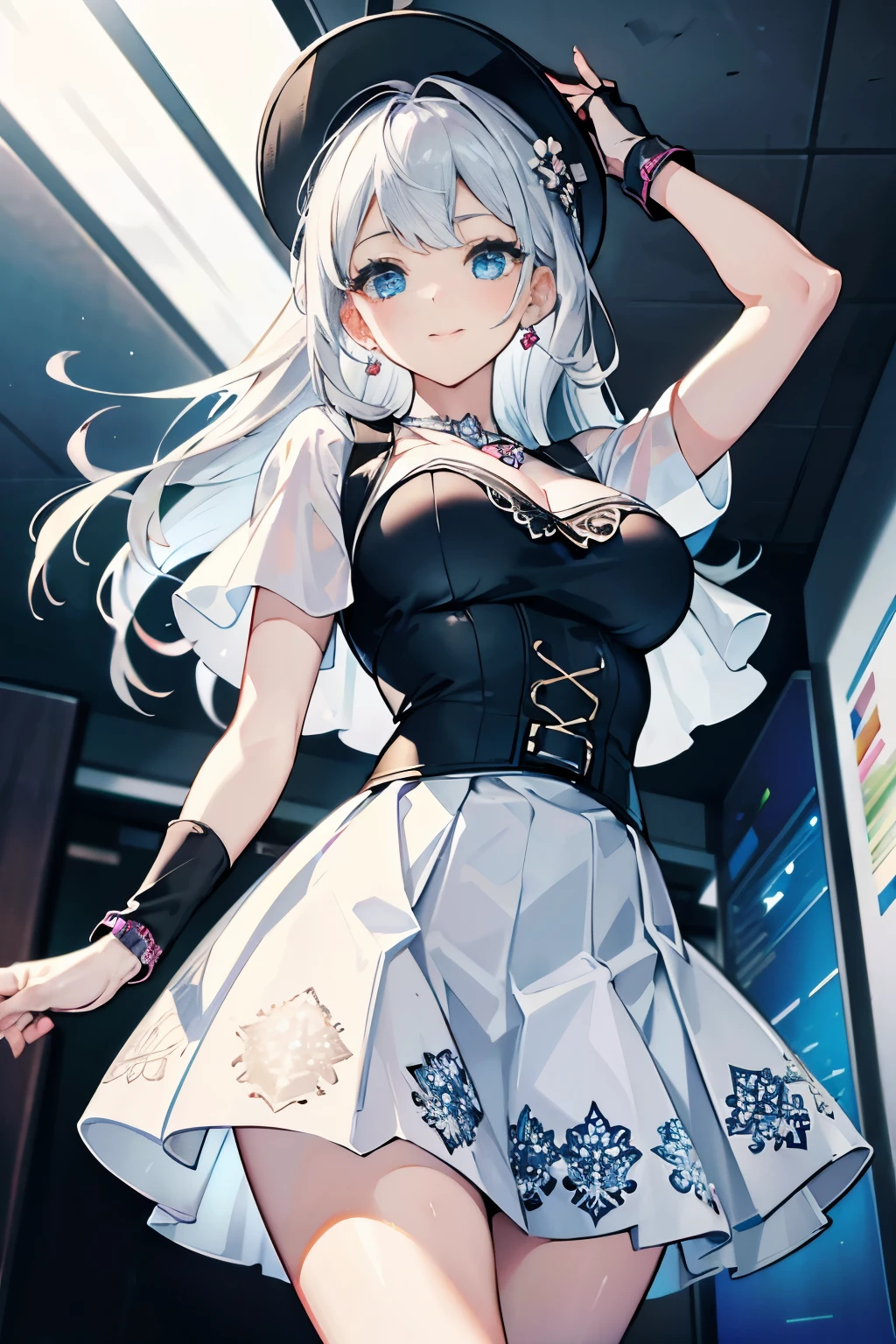 low angle,from below,((1girl, dancing)), ((masterpiece:1.4, best quality)), ((masterpiece, highest resolution)), (beautiful illustration),(semi long beautiful silver hair),cute office lady,  (white blouse, flower printed elegant flair skirt), (looking at the viewer),
 innocent smile, day, windy,cinematic lighting,white over-kneehighs,Lace chalker, wristband, fingerless gloves, over-kneehighs,
Lace chalker, diamond necklace,wristband, fingerless gloves, earrings,
