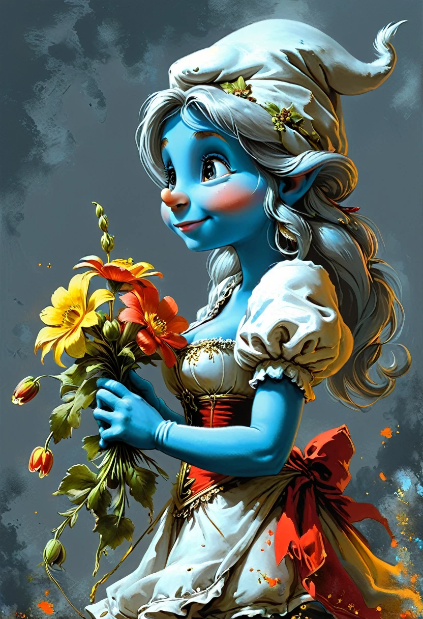 fluorescent horizon,
View from Below! Giant smurfette standing tall and smelling on the bouquet of flowers in her hand. Low angle. Painting on grey background
Paintings by J. Willem Enraets, the Brothers Grimm, Jean Baptiste Monge, Fragonard, Leonardo da Vinci