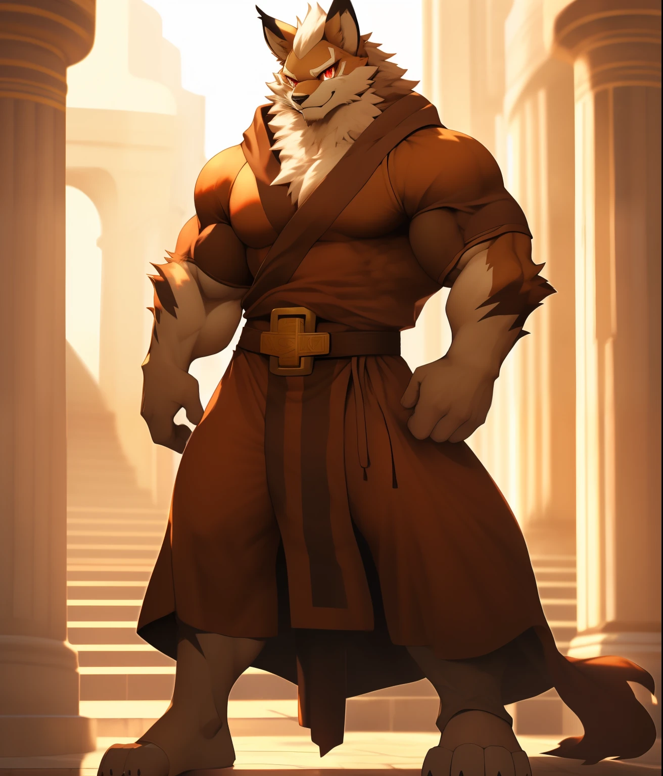 Competitive bodybuilder PRO, nj5furry, (Leomon,, Massive, huge, muscular, GigaChad), (((((TUNIC. ROBE.))))) Leomon, Young face, teenager, ((Extremely realistic shadows, Masterpiece, extremely detailed, photorealistic)), kemono, Looking at viewer, ((front)), murderous look, Leomon, ((Detailed face)) nose, red eyes, ((detailed eyes)), skin, fur, hair, mane, Height 3 meters tall, The optimal height, Tight clothing, 200 kg, Body full of huge muscleuscular and bulging pecs, huge pecassive pecs)) ((huge pecs)) Ripped ABS, Eight abs, V-shaped body, thick waist, long legs, Manly strong arms, handsome face, Attractive calm face type and fresh with a mischievous smile, Topless. Palace Ruins, day, sun, sun rays; crotch bulge, he wears a open robe that reveals huge, muscular thighs, (((He wears brown cloth pants, belt with brass buckle:1.2), (detailed eyes, red eyes:1.2) clothing, slightly open tunic. TUNIC. ROBE.))), bulging biceps. A muscular bodybuilder in the making. A potential PRO competitive bodybuilder and bulging neck, visible pectorals, visible abs, arms at the sides.