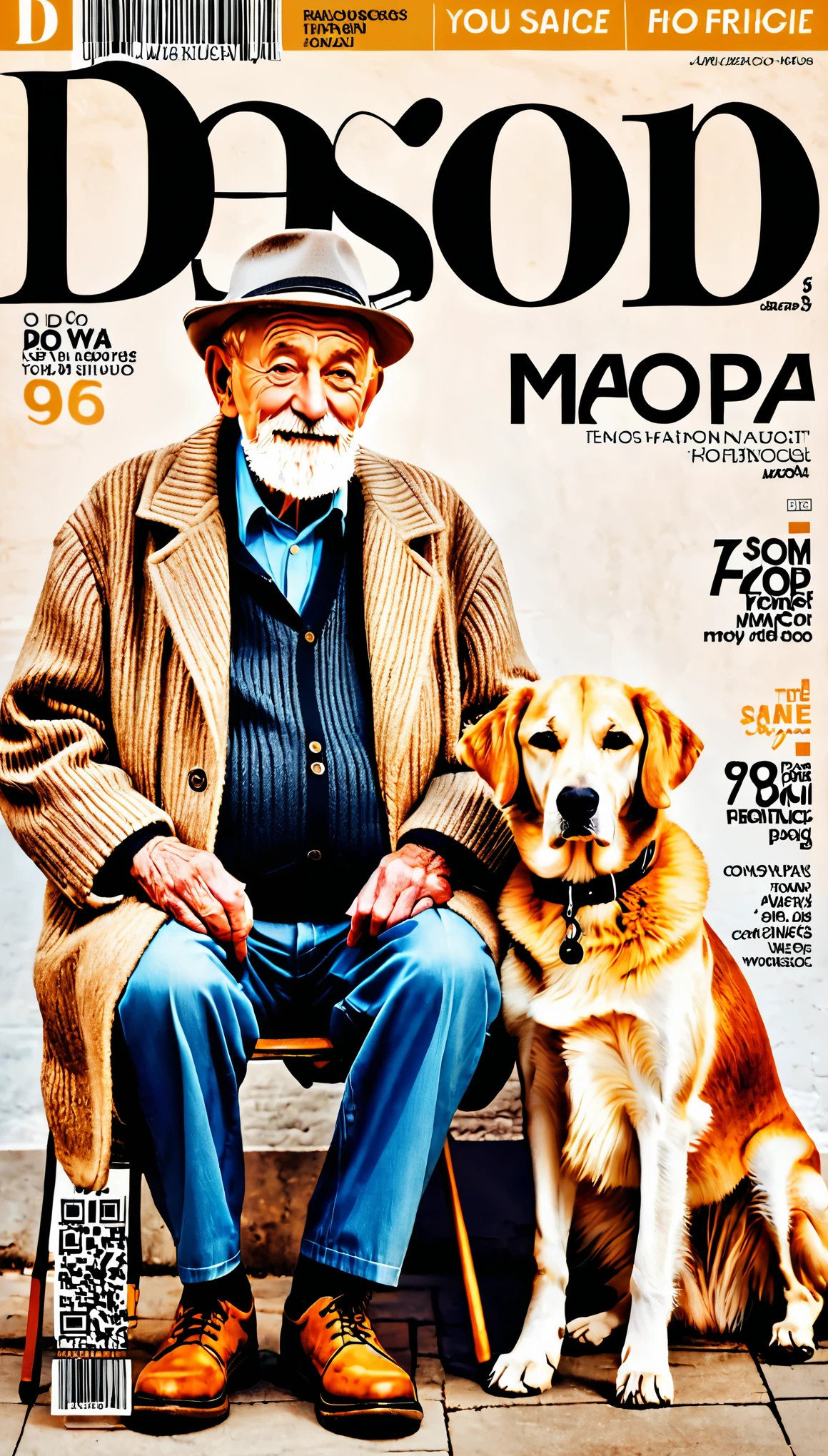 Fashion magazine cover design,old man and dog,warm scene,text,barcode,Stylish and simple,