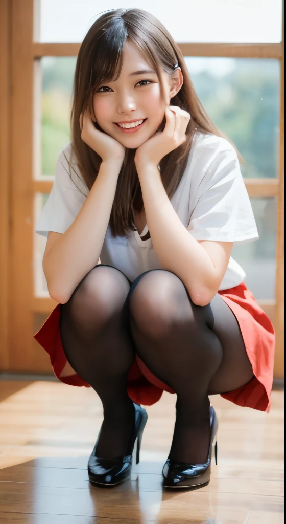 japanese 、pleated skirt、(happy expression:1.26)、Raw photo、(((Ultimate beauty full body photo shoot)))、((glowing skin))、1 girl、17 year old beautiful girl from Prague、bright look、((brown haired))、japanese girl 、pleated skirt、View from the floor、(long stockings or pantyhose)、(Panty shot)、legs open、red shorts、squat、counter point shot、((Super detailed))、(perfectly detailed face)、(fine hands)、(finger details)、(good human structure)、A photorealistic masterpiece、最high quality、Super detailed、film light、intricate details、High resolution、very detailed))、detailed background、8KUHD、Digital single-lens reflex camera、soft light、high quality、film grain、Fujifilm XT3 、shallow depth of field、natural soft light、Kamimei、
