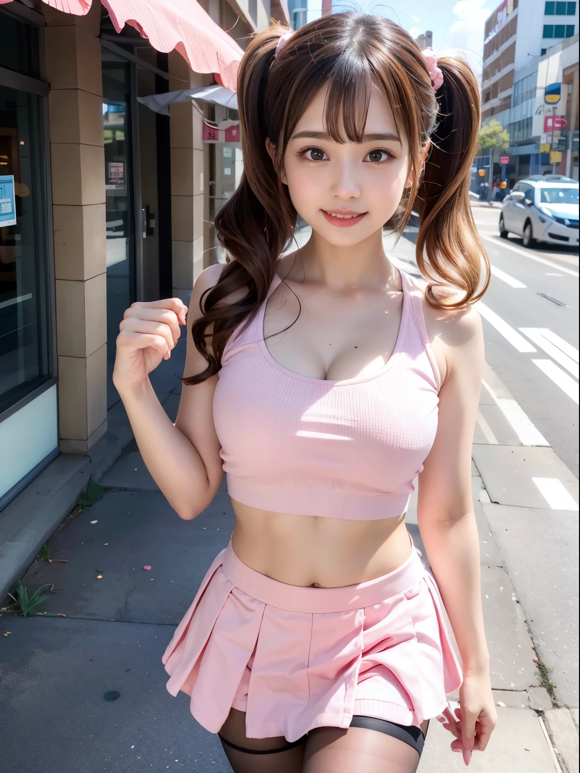 Pink skirt with frills, pink crocodile shoes, double ponytail, red backpack, T-shirt, solo, woman, (pyoapple v1:1.05), pyoapple, (lips parted, light smile), (shiny skin: 1.1), blush, (bangs)), long hair, skindentation, ((slim skinny body)), (long legs), model figure, best quality, super high resolution, (realism), (detailed face and eyes), Industrial ghetto cyberpunk dystopian background,