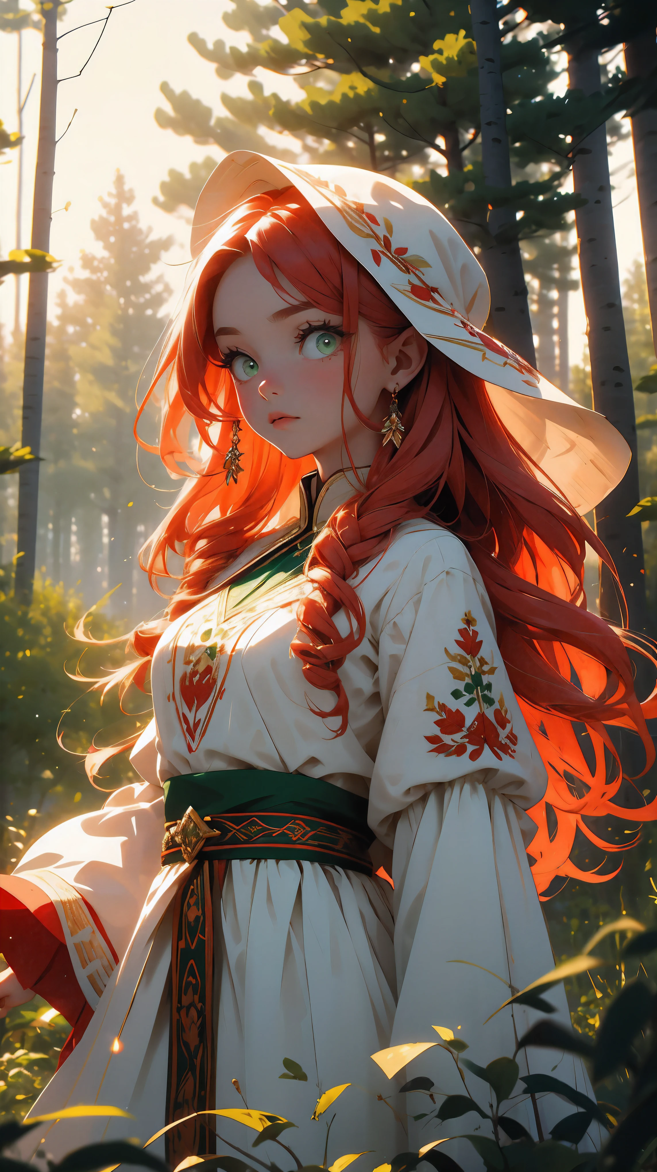 a very beautiful Slavic Ukrainian girl in a traditional white dress with embroidery with long wavy red hair and green eyes, village, early morning, forest with birch trees
