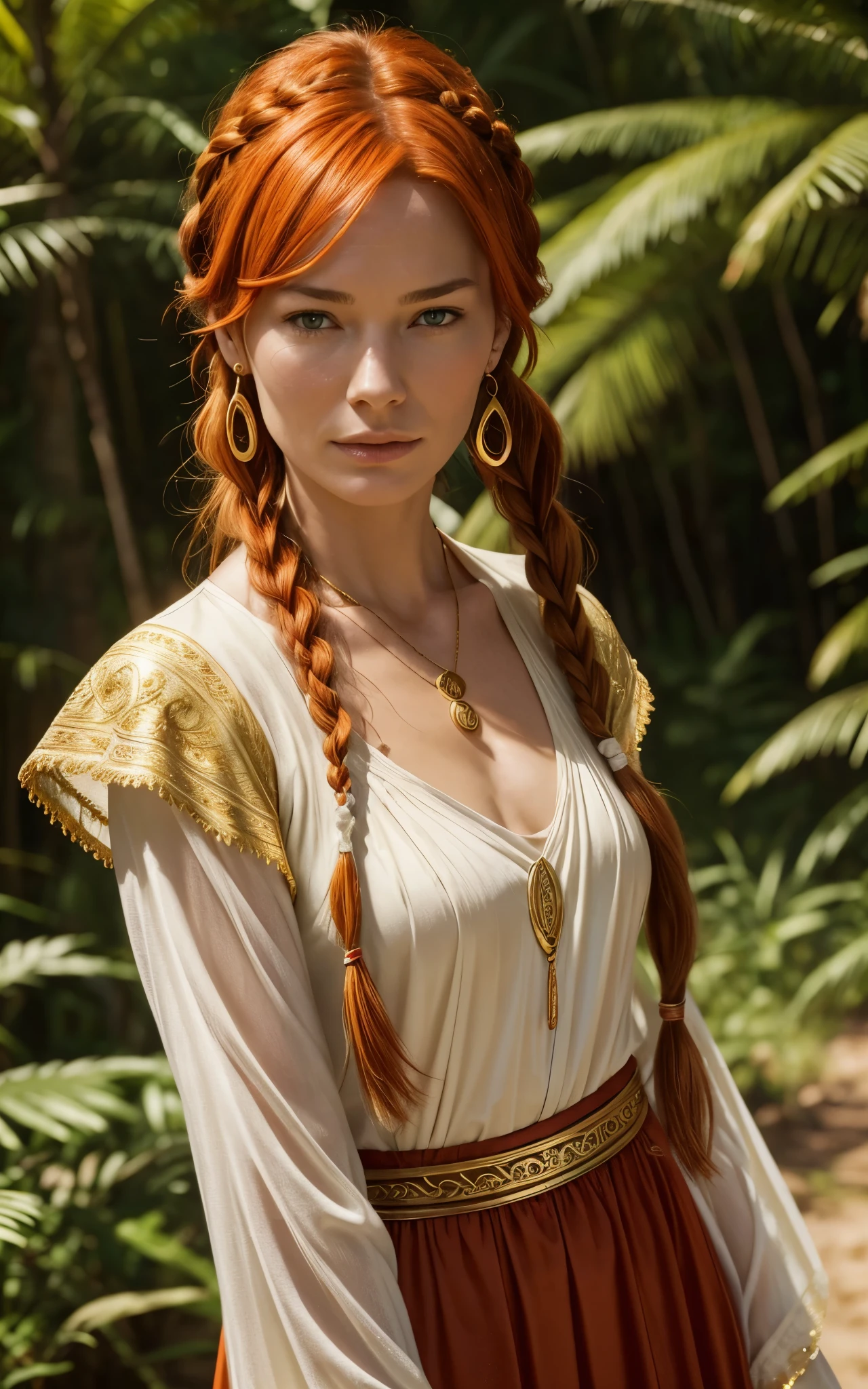 Flamme, (young Lena Headey:Evangeline Lilly), A 35-year-old woman with orange hair, green eyes, sideburns, one large braid, a gold necklace with a ruby pendant, dressed in a white Greek tunic and Roman sandals, with gold bracelets on her arms, forest in the background, masterpiece, hyperdetailed,((1girl)) ,bangs,braided ponytail,single braid,orange hair,very long hair,sidelocks,red earrings,hair over one eye,