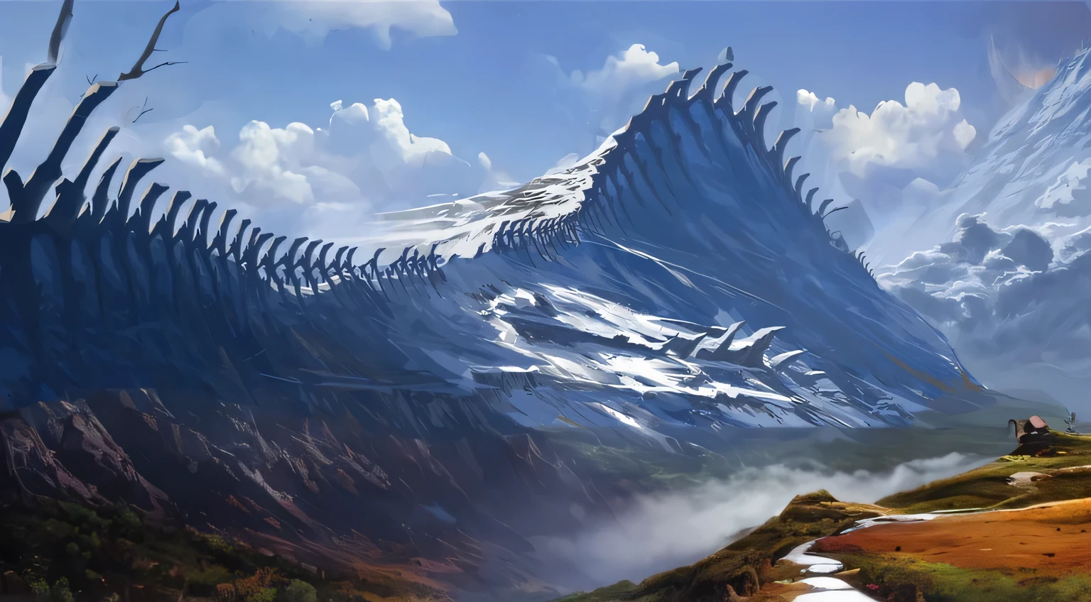 picturesque, high quality digital painting, meadow, path, misty mountain, fantasy