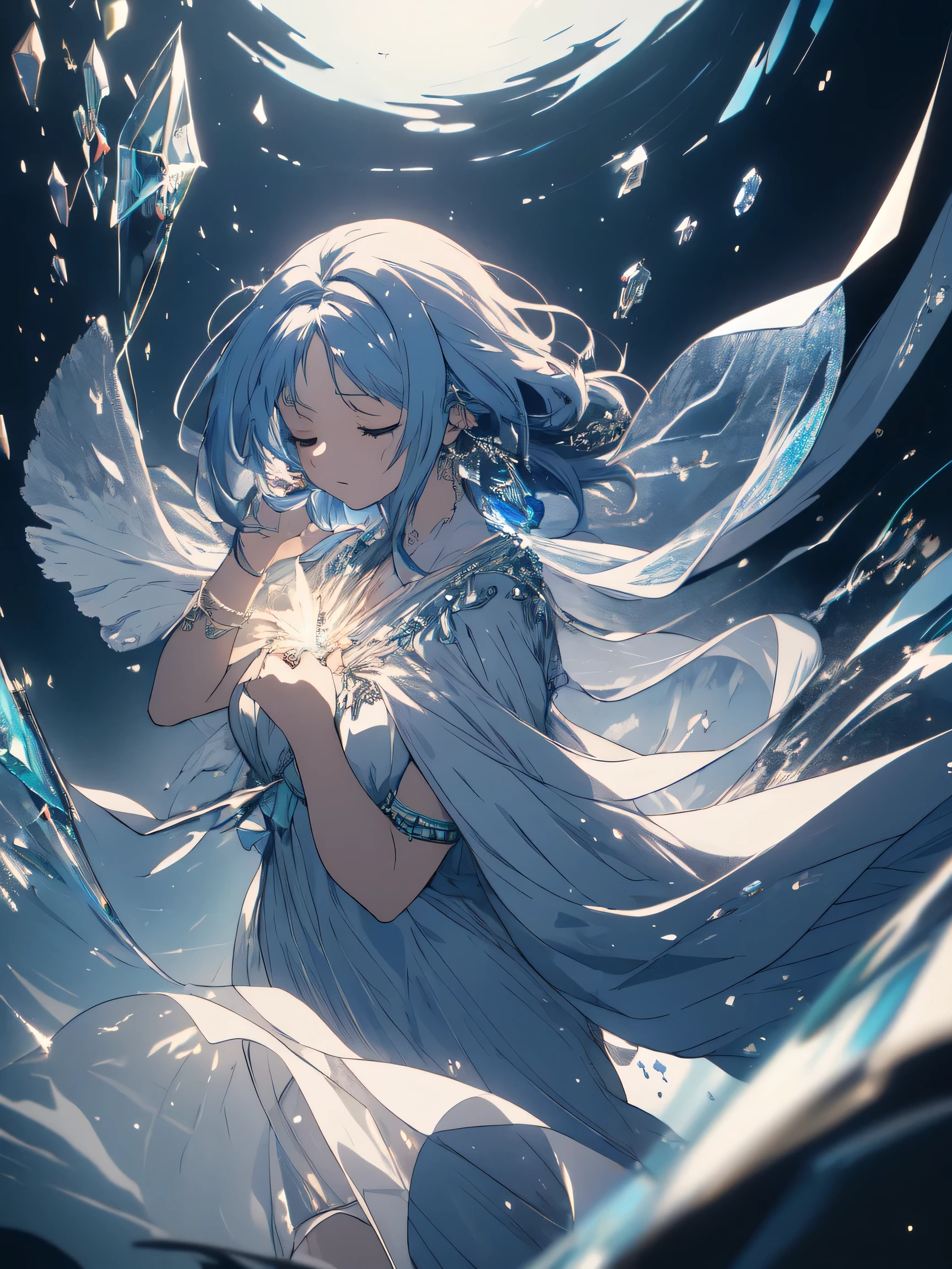 ((masterpiece)), ((highest quality)), 8K, hd, Super detailed, (woman), (white dress with navy blue edges), (Scattered light blue hair shawl), (closed my eyes) (Sleeping inside a transparent gem 1.6) (Full body display 1.4) 作品はmasterpieceです, Top quality and attention to detail, Captured in 8K HD. beautiful anime, very detailed illustrations beautiful anime, octane rendering