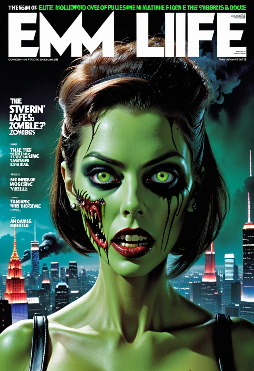 The design of the cover of the elite magazine, stylization as the magazine "Life" cinematic frame, the text of the title "Not Life," the text of the subtitle "our new world," Digital painting resembling David LaChapelle's style capturing "Not Life, " magazine cover featuring two chic, heavily made-up zombies with terrifying, rotting visages, elongated green nail-like claws, one missing eye, amidst a post-apocalyptic, ruined city backdrop, cinematic 4K quality akin to an epic Steven Spielberg movie still, with sharp focus, LED lighting details, atmospheric smoke, headlines and subtitles of the magazine, the text of the article "really TV zombie?! , "the Text of the article" our flora on our head, "the Text" no. 5, "Text" 03/19/2024, "full imitation of" Life "magazine cover, magazine issue, date magazine issue, Circulation, clear Text, focus on headlines, focus on the center of the picture, a very detailed, high-budget Hollywood movie, gorgeous, graininess. Glossy magazine