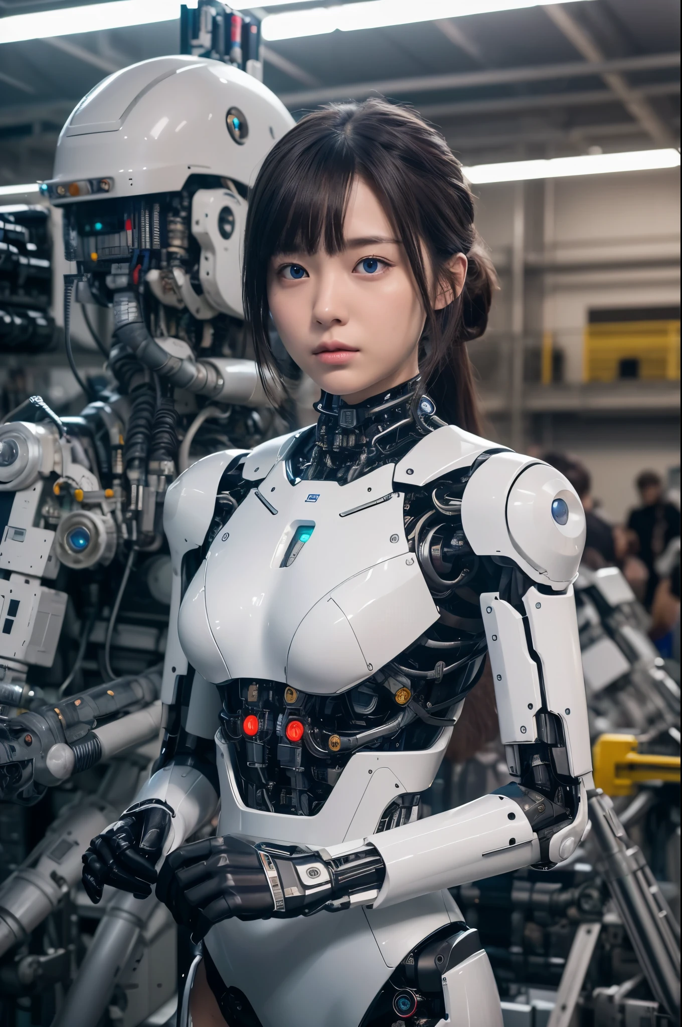 masterpiece, best quality, extremely detailed, 8k portrait,Japaese android girl,Plump ,control panels,android,Droid,Mechanical Hand, Robot arms and legs,Blunt bangs,perfect robot girl,long tube,thick cable connected her neck,android,robot,humanoid,cyborg,japanese cyborg girl ,robot-assembly plant,white robot body,She has assembled now,assembly scene,chest monitor,blue eyes,