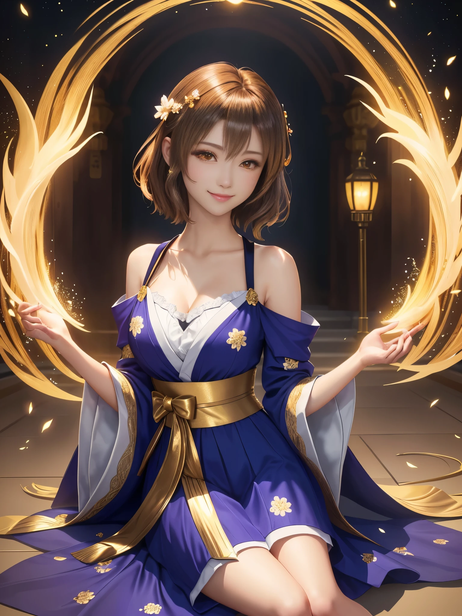 masterpiece , best quality,smile,smile,small face,shoulder exposure,golden kimono,less cleavage exposure,light brown hair,beautifully curled hair,slender body shape,brown eyes,Contrast faithfully reproduced,short hair,Beautiful short hair,Berry Short,short cut hair,just one person,precision quality,Faithfully reproduced eyes, The surroundings are shining gold,golden aura around the body,golden shining background,masterpiece,night,nightの背景,golden background,cherry blossom background,beautiful details, colorful, delicate details, delicate lips, intricate details, genuine, ultrargenuineista, 枝に座っている色とりどりの髪のFoxを持つ女の子:Mature, bright eyes, ,色とりどりのFox, raposa de nine tails, 三尾Fox, 三尾Fox, onmyoji detail art, beautiful fine art illustration, mythical creatures, Fox, beautiful digital art,shrine maiden,hold hands,exquisite digital illustration, mizutsune, Inspired by mythical wild web creatures, pixiv in digital art, shining light, high contrast, Mysterious,