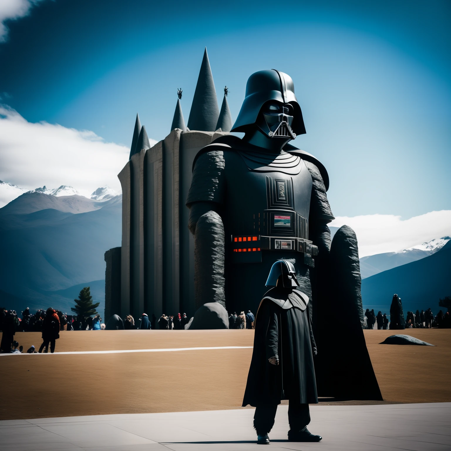 In the heart of Bariloche's civic center, an unexpected visitor graces the serene landscape: Darth Vader, the iconic figure from a galaxy far, far away. Surrounded by the picturesque beauty of the Argentinean town, his imposing presence stands out, a stark contrast to the idyllic scenery. The dark lord's intimidating silhouette, clad in his distinctive armor, towers over the crowd that has gathered in awe. His expressionless face, shrouded in the ominous helmet, barely reveals any emotion. The once pristine civic center, now transformed into a scene straight out of a science fiction movie. This surreal ju