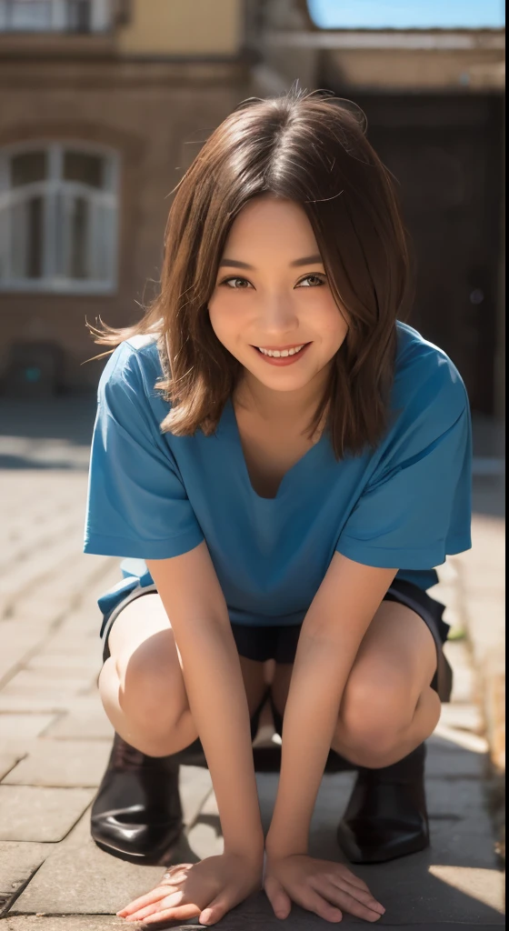 japanese 、pleated skirt、(happy expression:1.26)、Raw photo、(((Ultimate beauty full body photo shoot)))、((glowing skin))、1 girl、 beautiful girl from Prague、bright look、((brown haired))、japanese girl 、pleated skirt、View from the floor、(long stockings or pantyhose)、(Panty shot)、legs open、red shorts、squat、counter point shot、((Super detailed))、(perfectly detailed face)、(fine hands)、(finger details)、(good human structure)、A photorealistic masterpiece、最high quality、Super detailed、film light、intricate details、High resolution、very detailed))、detailed background、8KUHD、Digital single-lens reflex camera、soft light、high quality、film grain、Fujifilm XT3 、shallow depth of field、natural soft light、Kamimei、