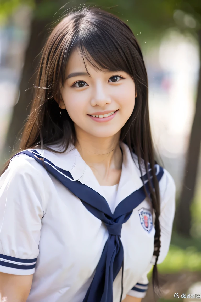 cleavage,　the chest of the shirt is wide open, embarrassed , 1girl, cute, 18 years old, smiling, look at viewer, sailor uniform, seifuku, photo, realistic, best quality, hires, detailed face, classroom, detailed background, diffused lighting, depth of field, bokeh, , portrait, , ( masterpiece), accurate, anatomically correct, f/1.8, 90mm, Fujifilm GFX 50R, raw photo, regina display, super detail, high details, high quality, best quality, highres, UHD, 1080p HD, 4K, 8K, beauty, Slender , standing,