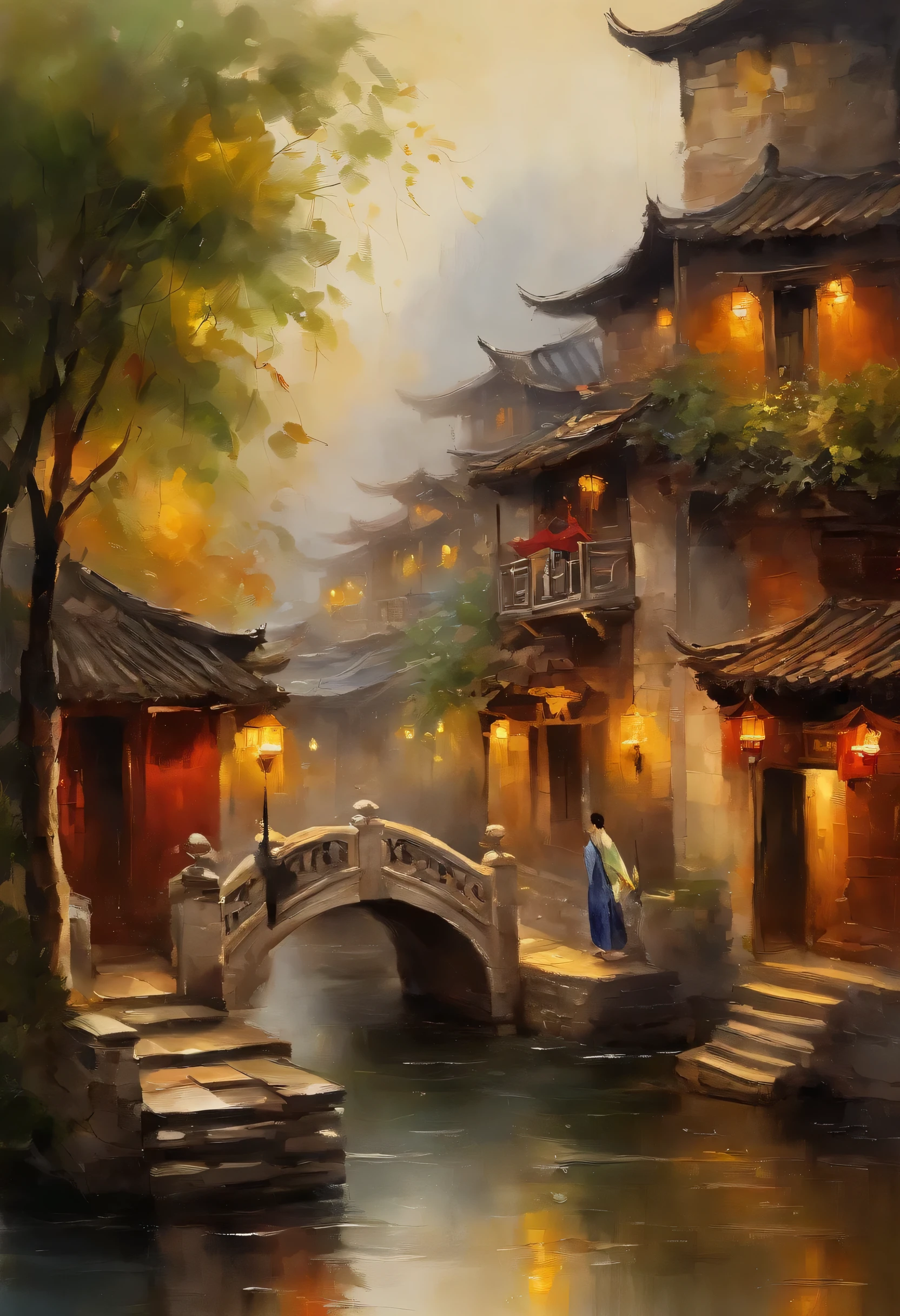 China Jiangnan water town oil painting, Featuring beautiful neoclassical and traditional Chinese waterside architecture, rain, and reflections of people and faces on the sidewalk., Elegant and elegant, with many details, Rendering Lumion 8k, Render the Unreal Engine architecture, many details, warm cinematic yellow lighting, Impressionist oil painting style image, many, Mane C is Zanni,