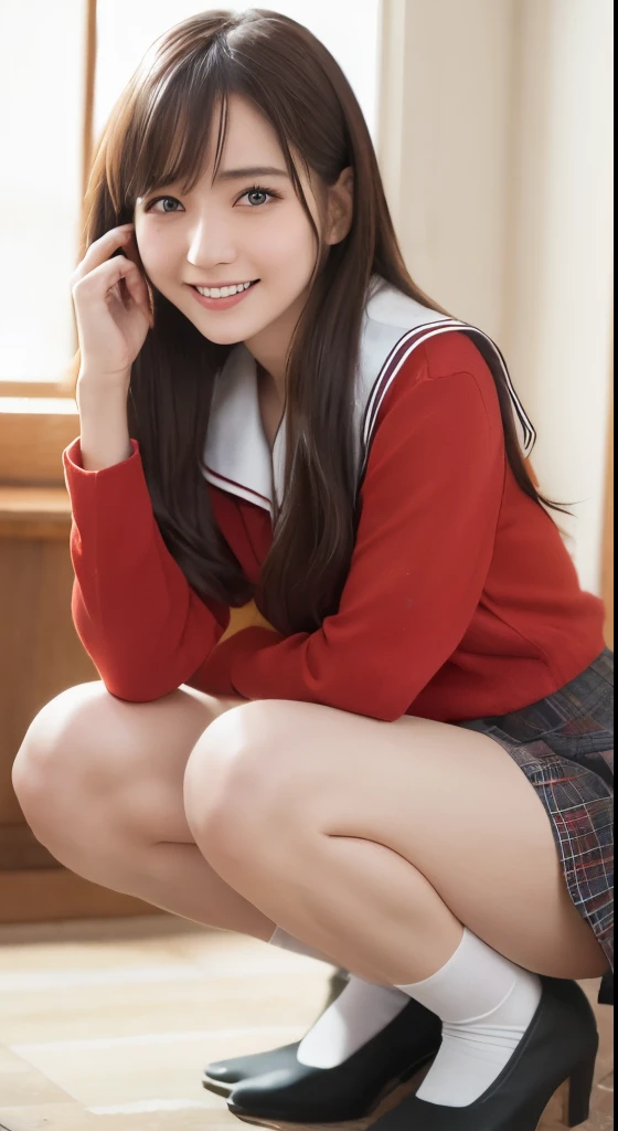 japanese 、sailor suit、(happy expression:1.26)、Raw photo、(((Ultimate beauty full body photo shoot)))、((glowing skin))、1 girl、 beautiful girl from Prague、bright look、((brown haired))、japanese girl 、pleated skirt、View from the floor、(long stockings or pantyhose)、(Panty shot)、legs open、red shorts、squat、counter point shot、((Super detailed))、(perfectly detailed face)、(fine hands)、(finger details)、(good human structure)、A photorealistic masterpiece、最high quality、Super detailed、film light、intricate details、High resolution、very detailed))、detailed background、8KUHD、Digital single-lens reflex camera、soft light、high quality、film grain、Fujifilm XT3 、shallow depth of field、natural soft light、Kamimei、