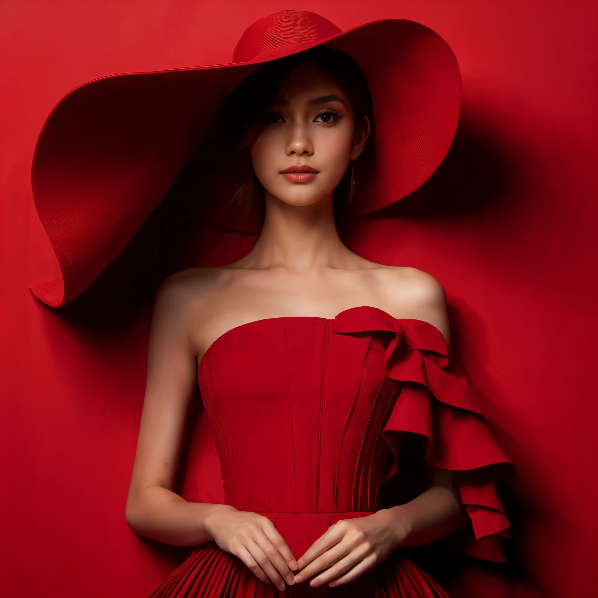 surealism style, a beautiful asian woman in a red dress, wearing a big red hat on the right, the dress is made of red background, the dress blends with the background, looking up poses,
in a clever use of negative space style, I can't believe how beautiful this is, the light from the front, the red background,
high contrast, photo studio, sharp, detailed and intricate shapes --ar 29:43 --v 6.0