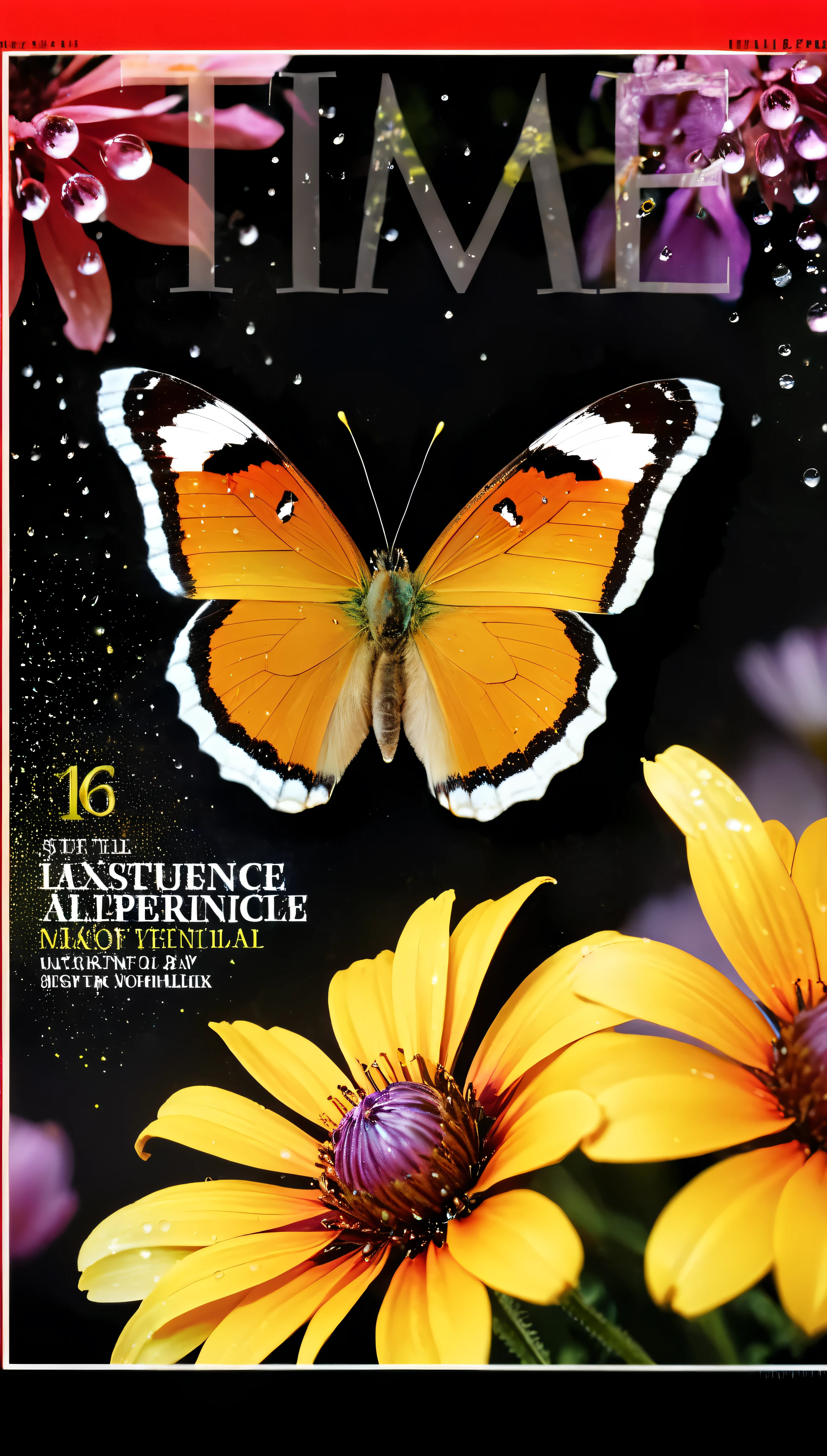 ((cover of Time magazine):1.5), ((Ensure the image exudes the essence of Time's iconic style, with vivid colors, striking composition, and a compelling subject that captivates viewers' attention.):1.1) | ((Masterpiece in maximum 16K resolution):1.6),((soft_color_photograpy:)1.5), ((Ultra-Detailed):1.4),((Movie-like still images and dynamic angles):1.3),| (Macro shot cinematic photo of a Apollo Butterfly at a flower), (macro lens), (pollen), (dewdrops), (shimmer), (visual experience) ,(Realism), (Realistic),award-winning graphics, dark shot, film grain, extremely detailed, Digital Art, rtx, Unreal Engine, scene concept anti glare effect, All captured with sharp focus.