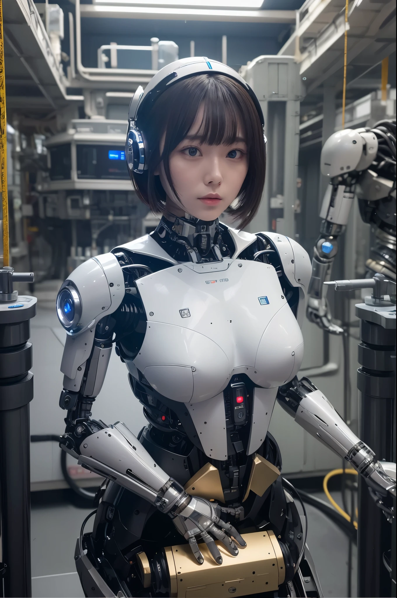 masterpiece, best quality, extremely detailed, 8k portrait,Japaese android girl,Plump ,control panels,android,Droid,Mechanical Hand, Robot arms and legs,Blunt bangs,perfect robot girl,long tube,thick cable connected her neck,android,robot,humanoid,cyborg,japanese cyborg girl ,robot-assembly plant,white robot body,She has assembled now,assembly scene,chest monitor,blue eyes,
