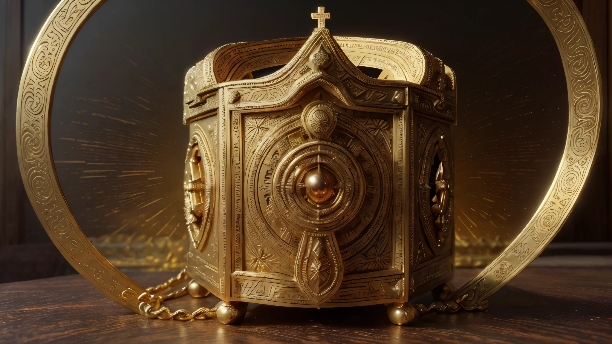(best quality,ultra-detailed,realistic:1.37),ark of the covenant,perfect details,authentic-looking,ornate gold engravings,solid wood craftsmanship,ancient relic,religious artifact,symbol of divine presence,detailed carvings,representing the Ten Commandments,sacred treasure,glowing aura,powerful energy,visible radiance,historical significance,supreme craftsmanship,ancient biblical relic,archeological marvel,divine symbolism,holy container,enduring legacy,faithful reproduction,meticulous attention to detail,masterwork of craftsmanship,sacred symbols,awe-inspiring splendor,golden embellishments,spiritual connection,sacred container,divine manifestations,intricate designs,majestic presence,ethereal glow,transcendent masterpiece,vivid colors,symbol of divine protection,celestial aura,awe-inspiring aura,religious icon