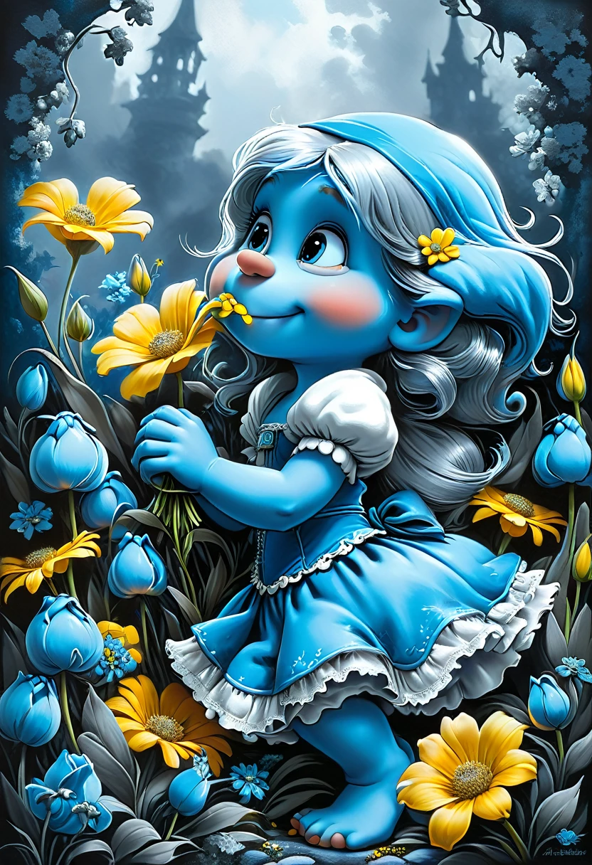 fluorescent horizon,
A stunning low angle painting of a giant blue Smurfette leaning down to smell a beautiful bouquet of flowers. Smurfette's vibrant blue color contrasts with the soft, vibrant flowers. The background is a cool monochrome grey, allowing the viewer to focus entirely on Smurfette and the flowers. The overall atmosphere of the picture is calm and charming.
Paintings by J. Willem Enraets, the Brothers Grimm, Jean Baptiste Monge, Fragonard, Leonardo da Vinci