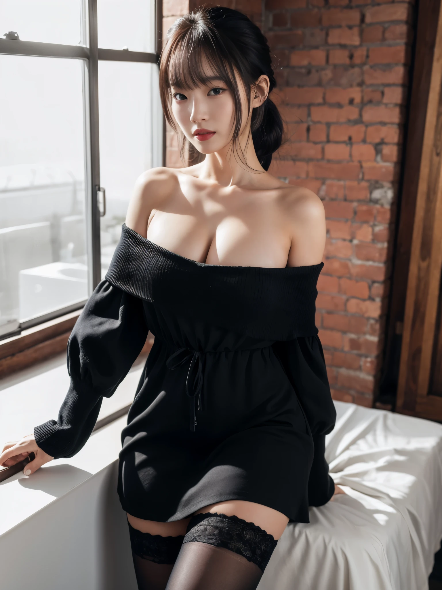 8k,RAW photo,best quality,masterpiece,realistic,1girl,off-shoulder dress,black thighhighs,sexy