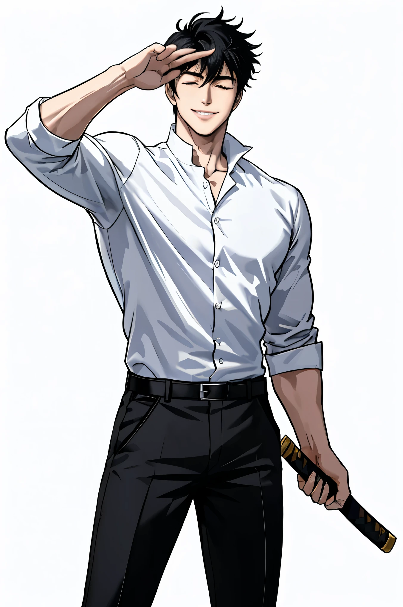 masterpiece, ultra detailed, 4K, 8K, 32K, intricate, (((1boy))), ((black hair)), ((no background)), white background, detailed eyes, (closed eyes), eyes shut, smile, smiling, white shirt and black pants, , handsome young man, 20 year old, (((same character))), (dynamic pose), anatomically correct hands, modern clothing, detailed clothes, (slender body), Hideaki Sorachi, Bleach, Tite Kubo, Kazuki Yone, (((stylish haircut))), Handsome male with black hair clapping to the viewer while smiling, eyes closed, white shirt and black pants, holding katana
