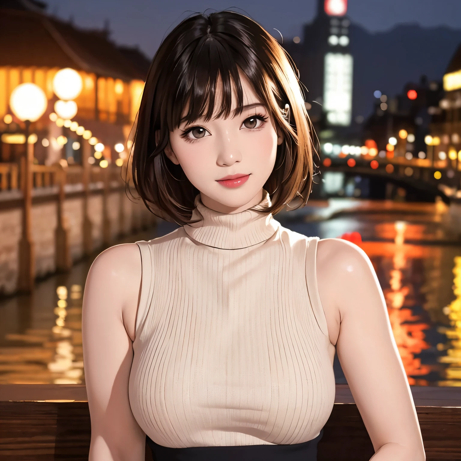 (highest quality、table top、8K、best image quality、Award-winning work)、one beautiful woman、25 years old、(alone:1.1)、perfect beautiful composition、(big and full breasts:1.1)、(Very tight knit for perfect fit:1.1)、Precise and perfect sleeveless knit、(emphasize body line:1.1)、( Berry short cut hair:1.1)、(Perfect white turtleneck sleeveless knit sweater:1.2)、(Classy and perfect round glasses:1.1)、(Elegant red melton skirt:1.1)、look at me and smile、Strongly blurred accurate city park background、stand gracefully、droopy eyes、natural makeup、Ultra high definition beauty face、ultra high definition hair、Super high-definition sparkling eyes、Super high resolution glossy lips、accurate anatomy、(very bright and vivid:1.5)