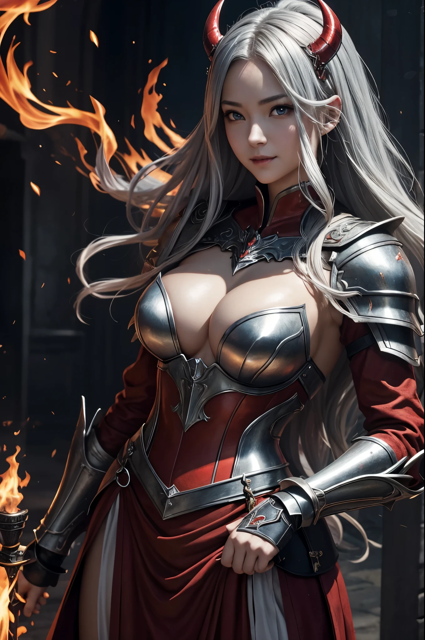 8K、赤いChest armor with flame motif,A bewitching succubus wearing luxurious red armor..,super beautiful(like the real thing)、Long skirt with a luxurious red flame motif,Arafed woman taking a photo with sword and armor、Beautiful wavy silver hair、big and full breasts、Chest armor with flame motif(red and silver)2。5d cgi anime fantasy artwork、fan art mayo art station、デジタルfantasy art)、wallop loss draw、woman in armor、壮大なfantasy artスタイル、beautiful succubus、Charm、Beautiful fangs、looking at the viewer、captivating gaze、masterpiece,Photorealistic RAW photos of the highest quality。bright colors,rich colors, Backlight, cinematic lighting, film grain, to be born, 50MM lens, Nikon D850,realistic skin,fantasy art,character art,ultra high resolution,realistic scale skin,Perfect hand shape,goddess of evil,Luxurious red big chest chest armor(Precise flame emblem),smile,