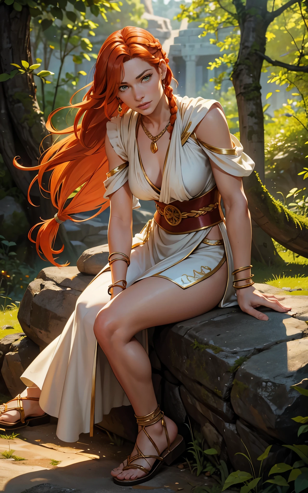 Flamme, (young Lena Headey:Evangeline Lilly), A 35-year-old woman with orange hair, green eyes, sideburns, one large braid, a gold necklace with a ruby pendant, dressed in a white Greek tunic and Roman sandals, with gold bracelets on her arms, forest in the background, masterpiece, hyperdetailed,((1girl)) ,bangs,braided ponytail,single braid,orange hair,very long hair,sidelocks,red earrings,hair over one eye,