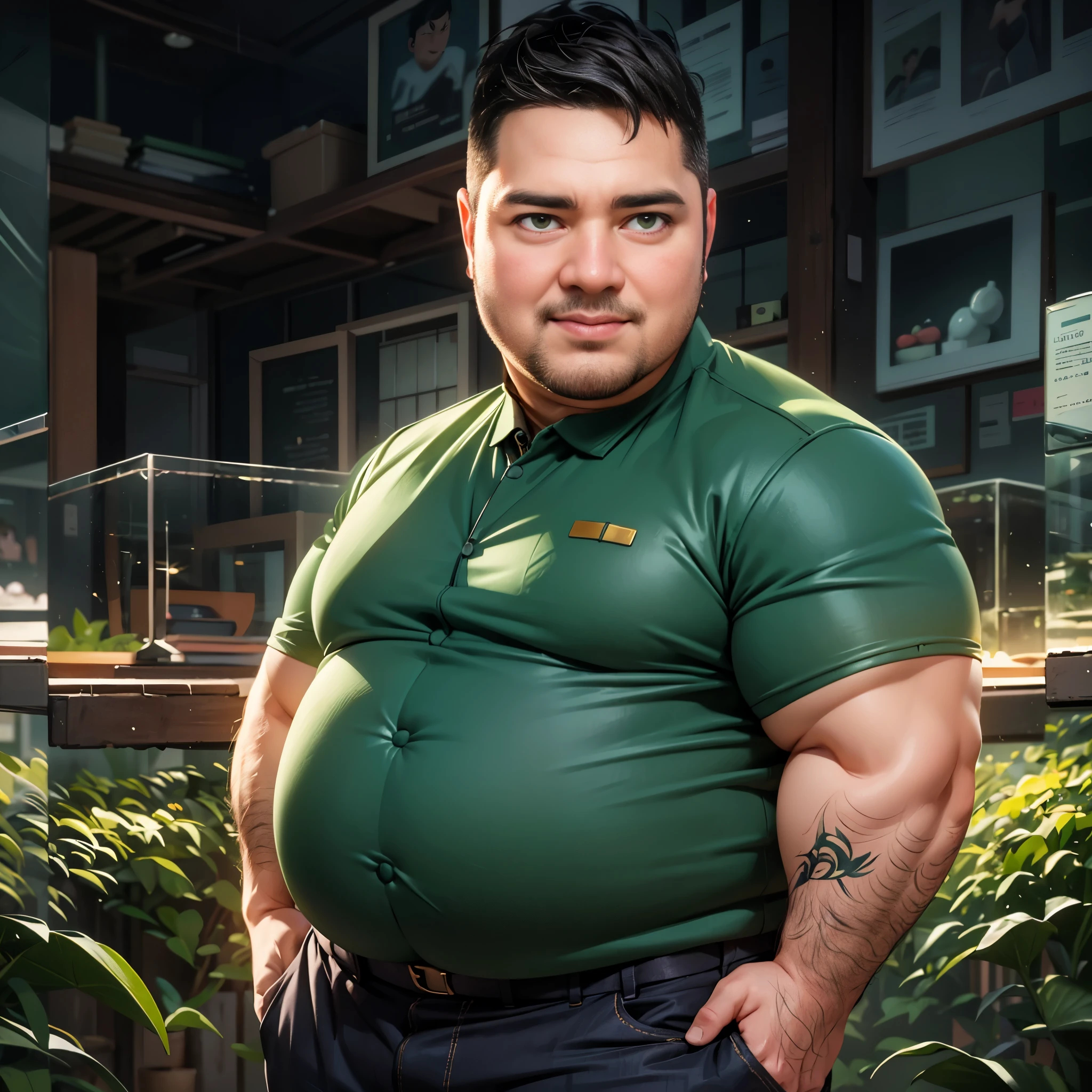 arafed man in a green shirt standing in a field, beefy, inspired by Rudy Siswanto, photo manipulation, robust stocky body, muscular character, obese, fully body portrait, highly realistic photo, inspired by Fernando Botero, hyperrealistic illustration, photo - manipulation, hyper real photo, morbidly obese, full body realistic portrait