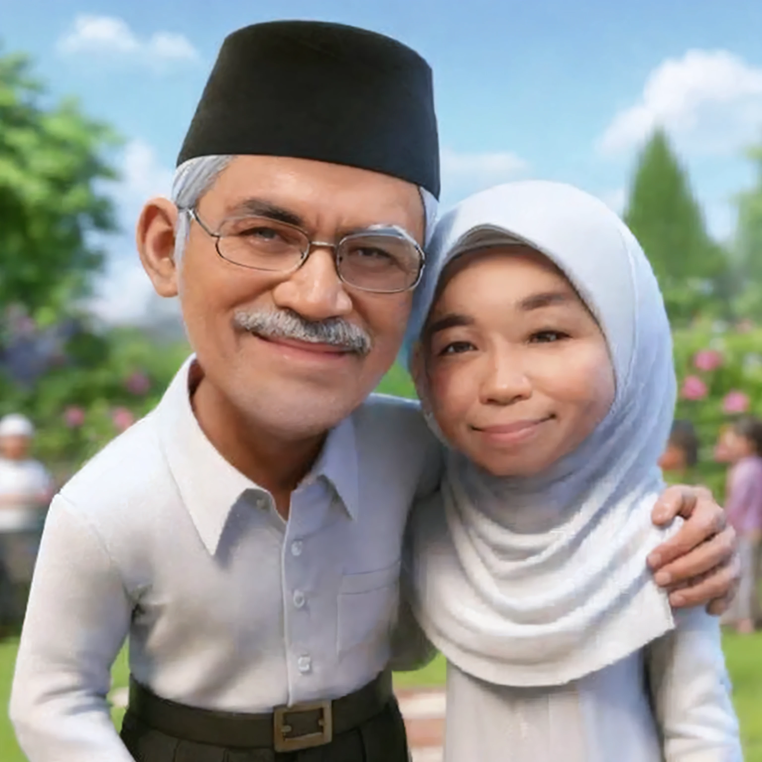 make a Disney Pixar 3D caricature of an Indonesian grandfather with a clean face without a beard, wearing a black skullcap, wearing a white shirt with black trousers, standing and embracing a woman next to him who is standing wearing a long white Muslim shirt, wearing a white hijab, smiling, aged 27 slightly chubby years Background of a garden, sunny weather, cinematic, very detailed, ultra HD
